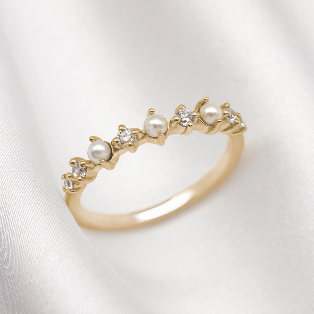 9ct Solid Gold Pearl and Diamond Eternity Band Ring - Reese
