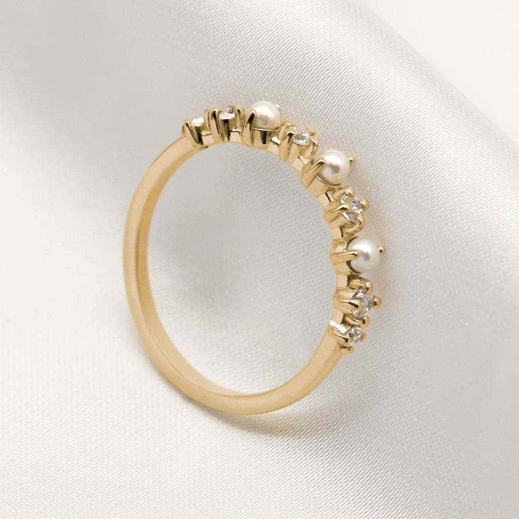 9ct Solid Gold Pearl and Diamond Eternity Band Ring - Reese