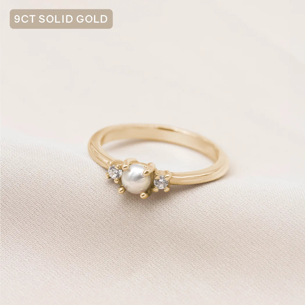 9ct Solid Gold Trilogy Pearl Ring - Diamond or Moissanite