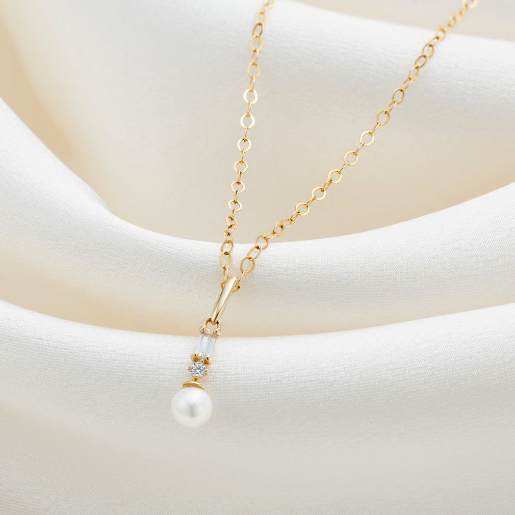 9ct Solid Gold Mini Rectangular Diamante Pearl Charm Necklace - Lilith