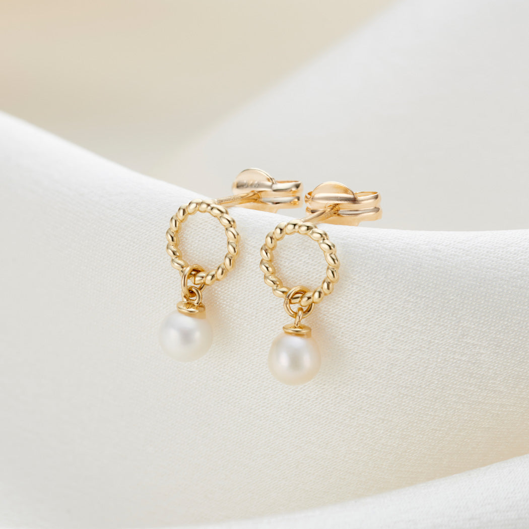 9ct Solid Gold Tiny Twisted Open Circle Pearl Drop Stud Earrings - Carrie