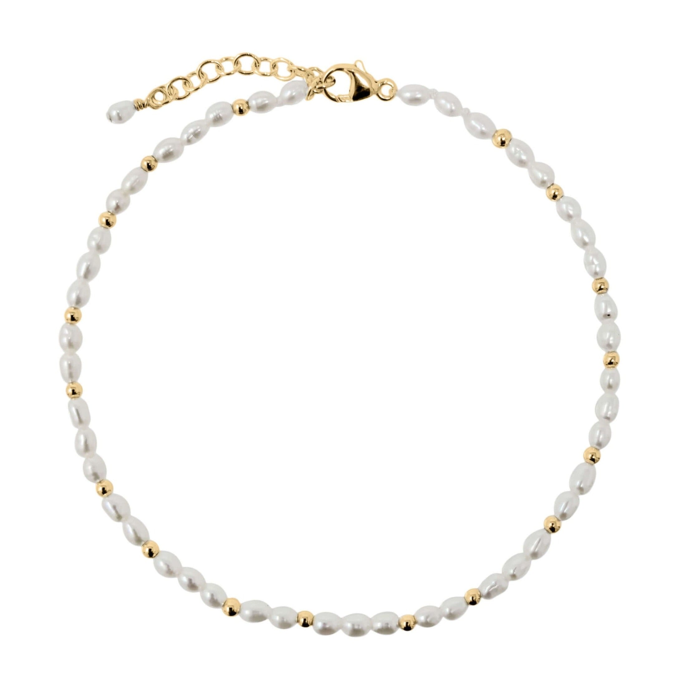 seed pearl and gold filled bead anklet on a white background