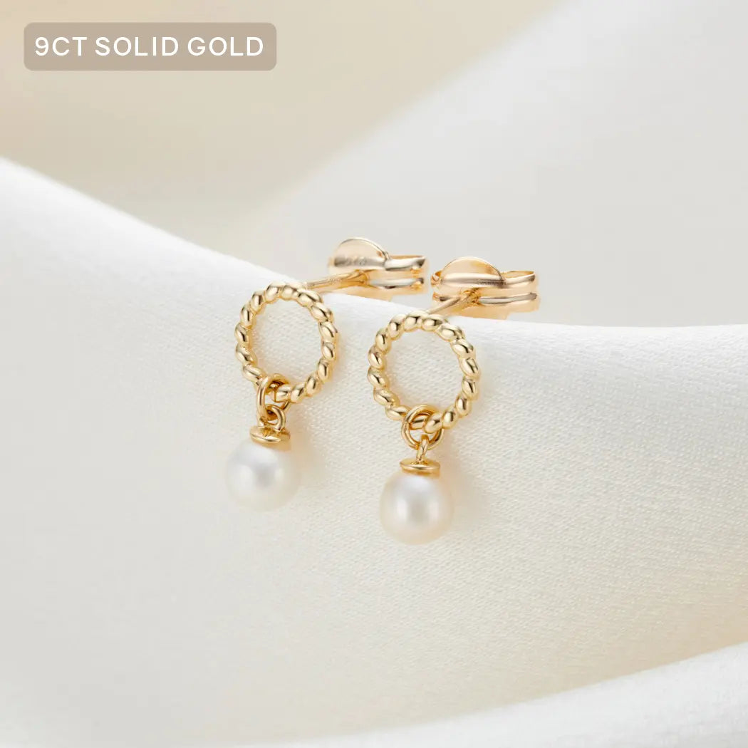9ct Solid Gold Tiny Twisted Open Circle Pearl Drop Stud Earrings - Carrie