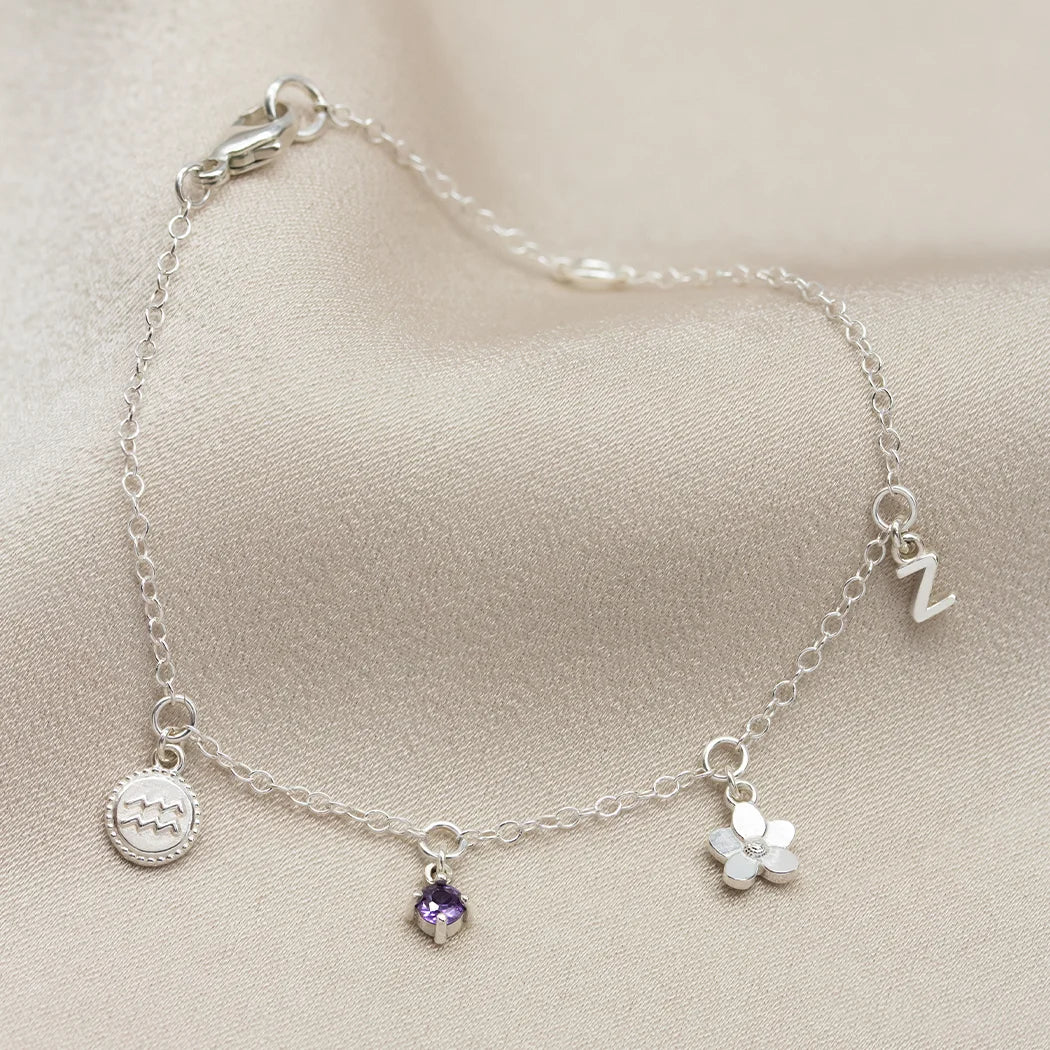 February Birthday Symbols Charm Bracelet