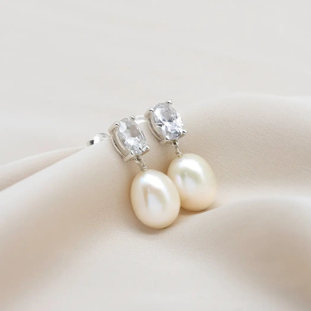 Oval Pearl Crystal Drop Earrings - Phoebe