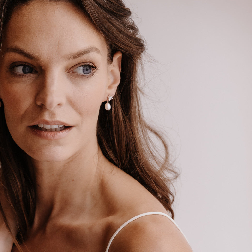 Small Crystal Pearl Drop Stud Earrings - Elodie