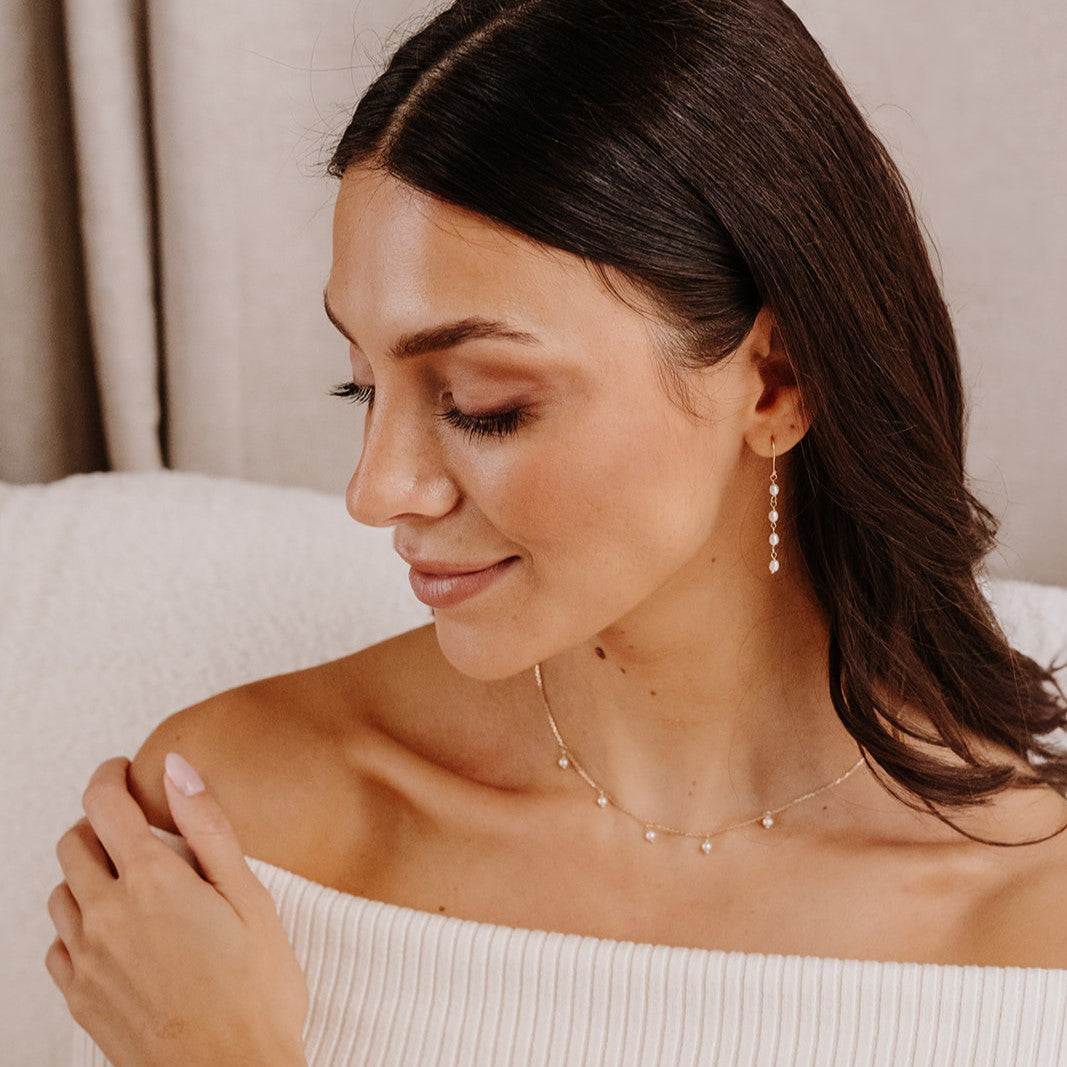 9ct Solid Gold Tiny Five Pearl Drop Necklace - Céline