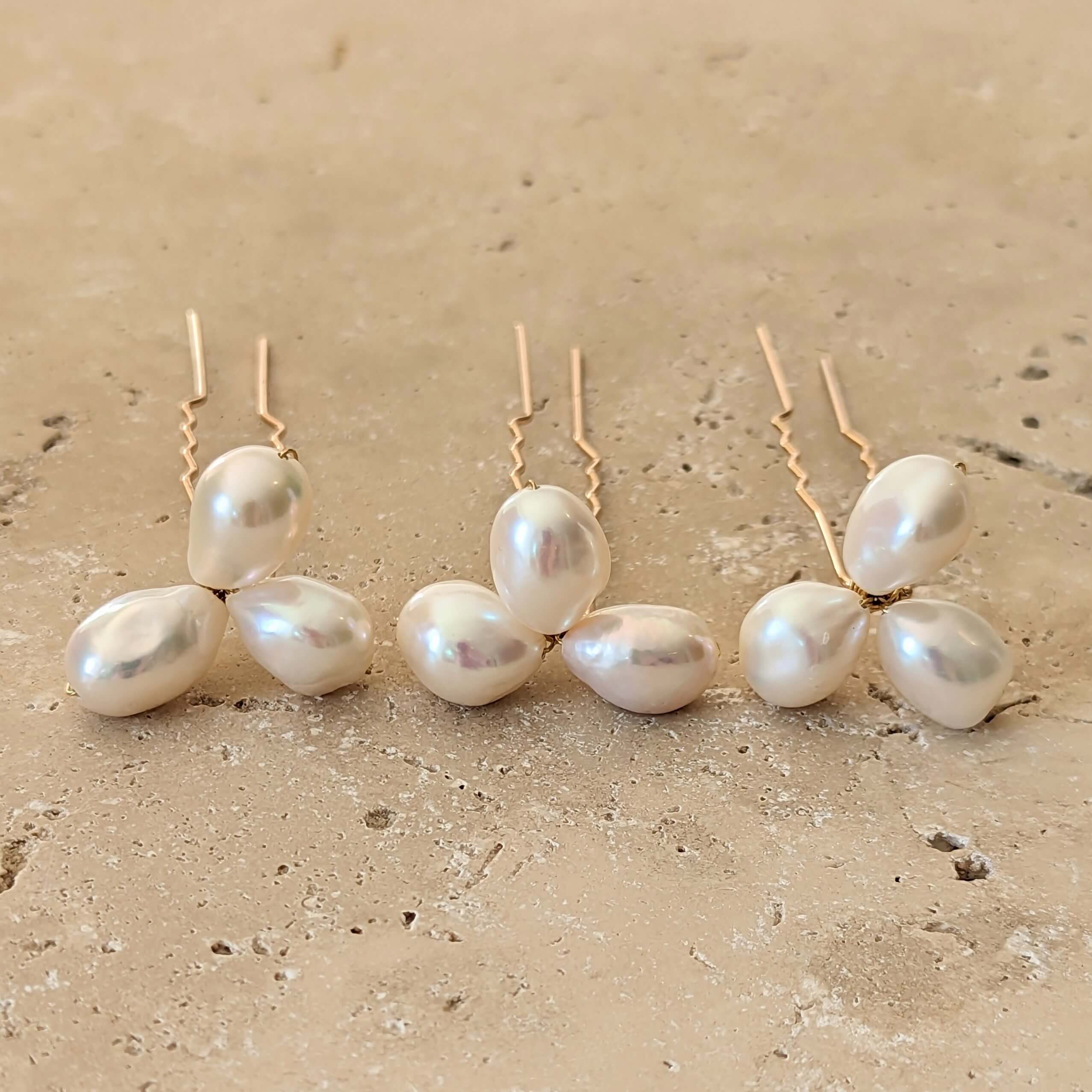 set of 3 baroque pearl cluster hair pins in gold