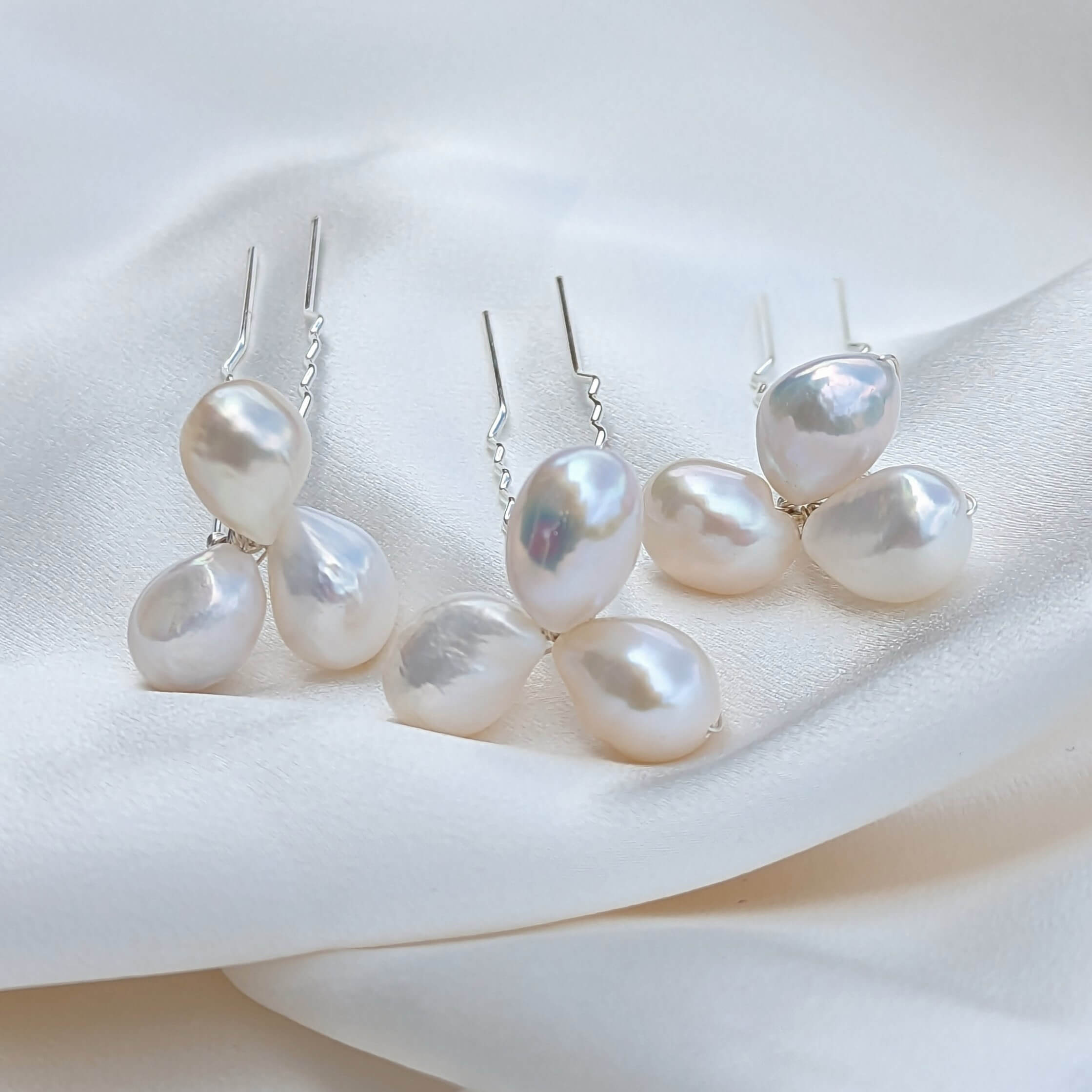 three silver baroque pearl cluster hair pins
