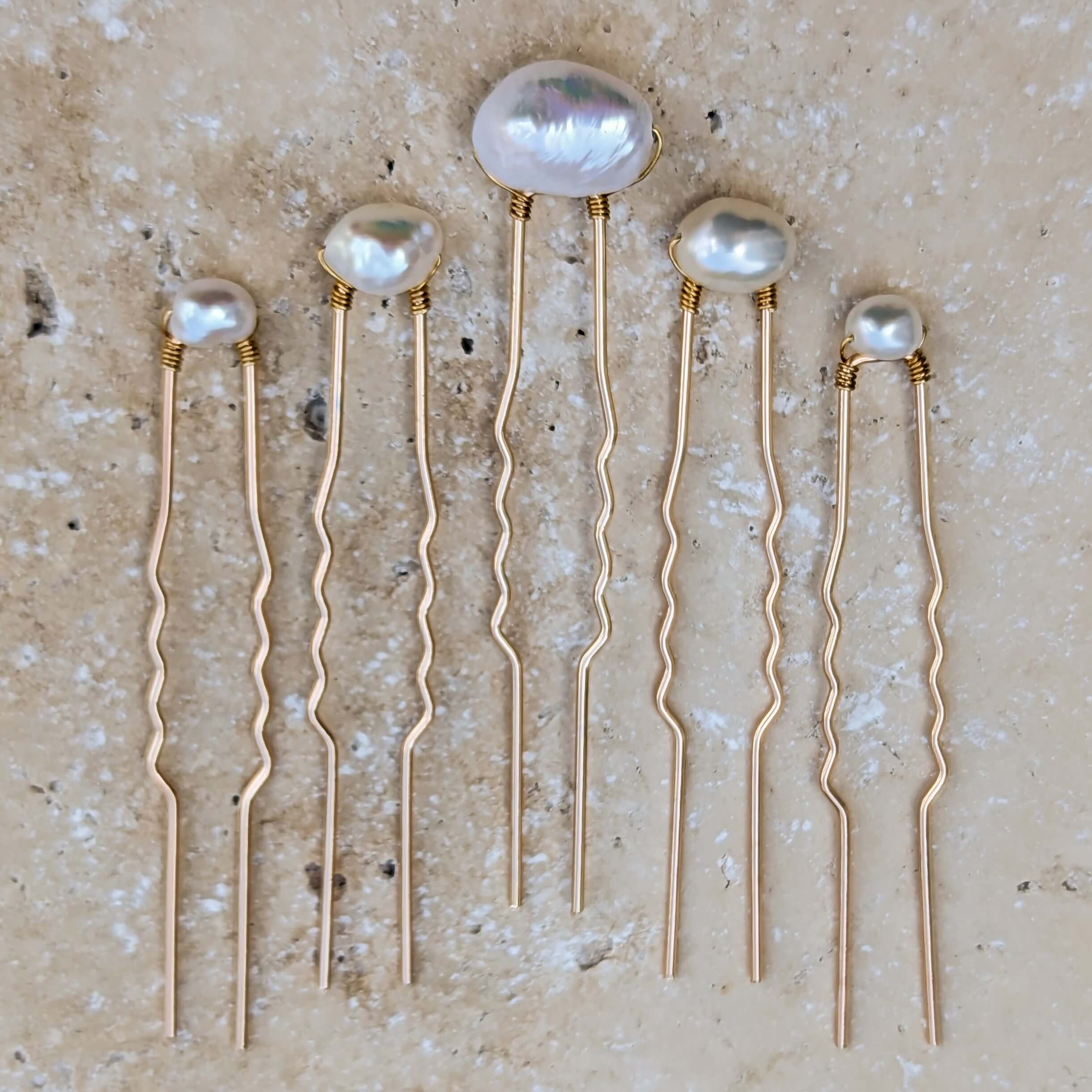 set of 5 baroque pearl mixed size hair pins in gold