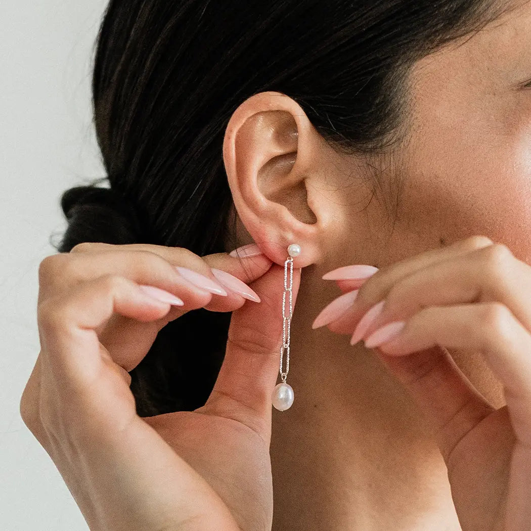 Pearl Stud and Chain Drop Earrings - Elaina