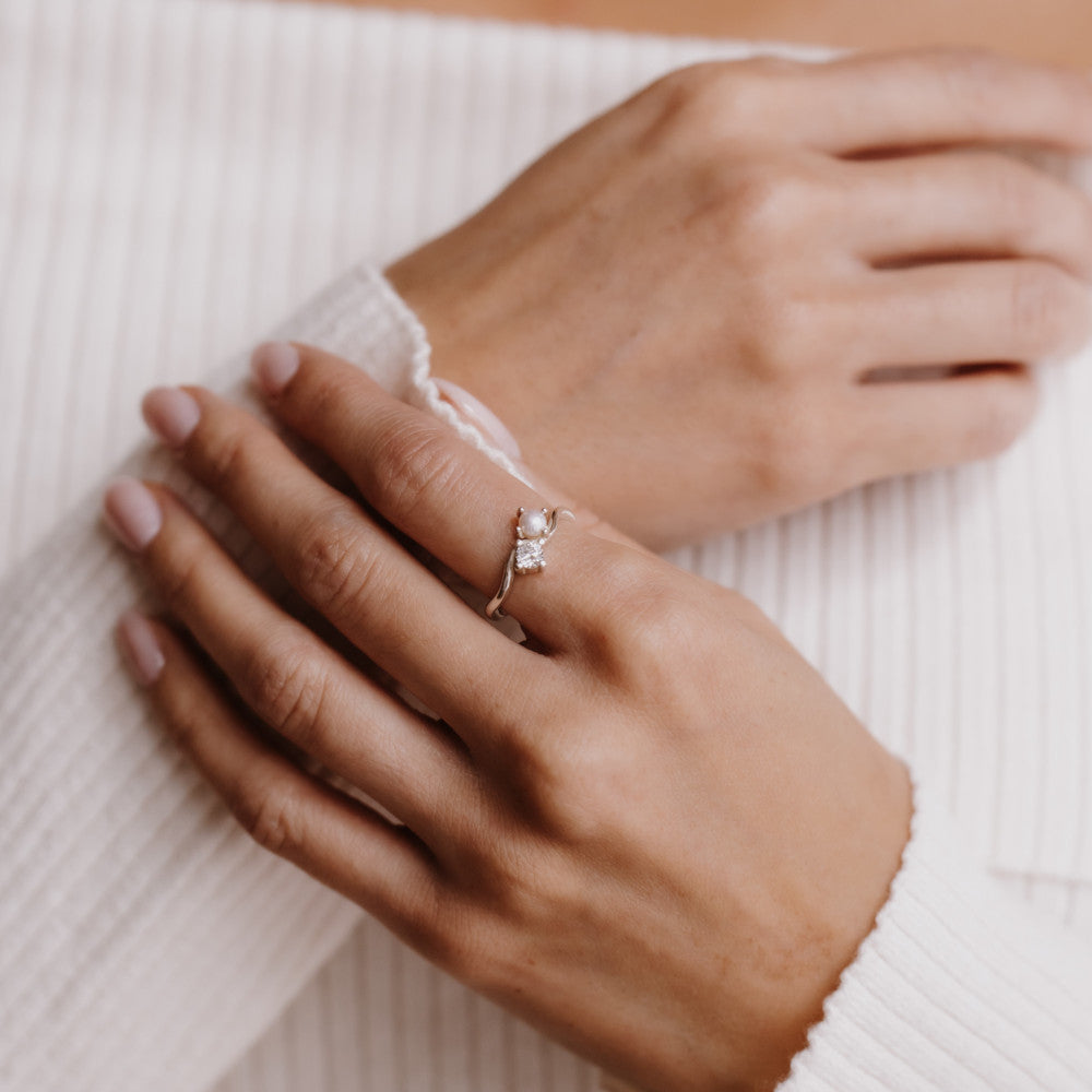 Pearl and Moissanite Wave Ring