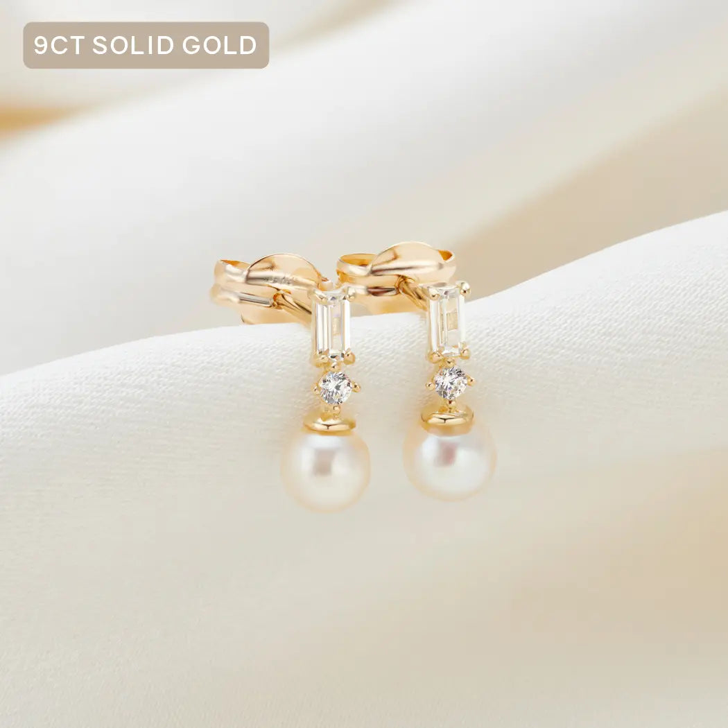9ct Solid Gold Mini Rectangular Pearl Drop Stud Earrings - Lilith