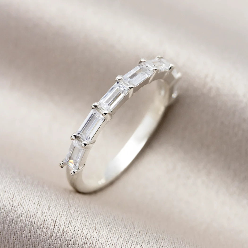 Sterling Silver Plain Baguette Half Eternity Band Ring - Bowie