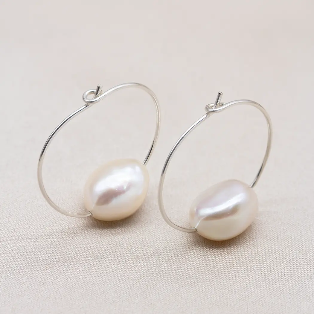 Olivia Large Pearl Wire Hoop Earrings