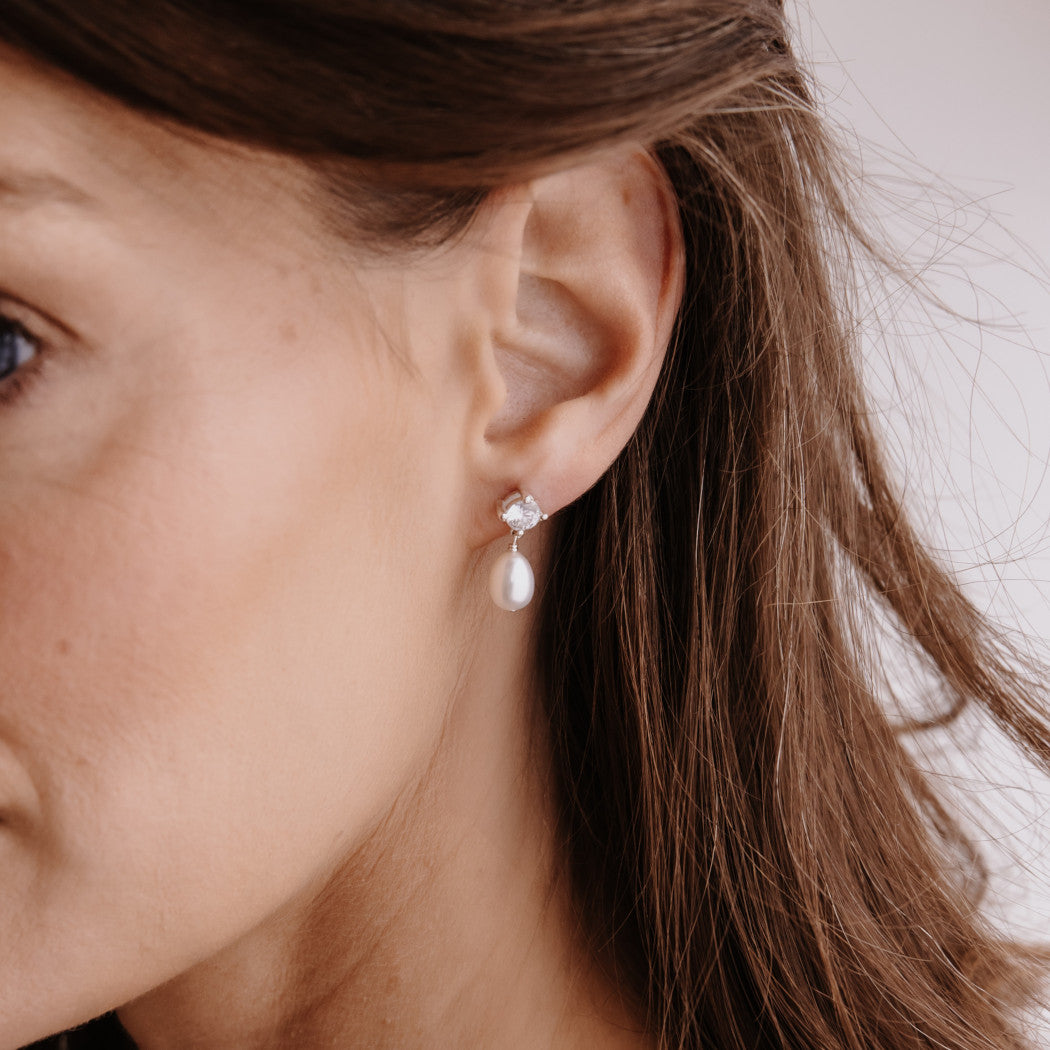 Small Crystal Pearl Drop Stud Earrings - Elodie