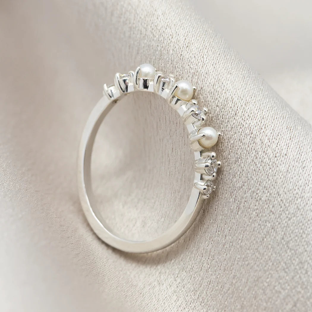 Sterling Silver Pearl and Diamond Eternity Band Ring - Reese