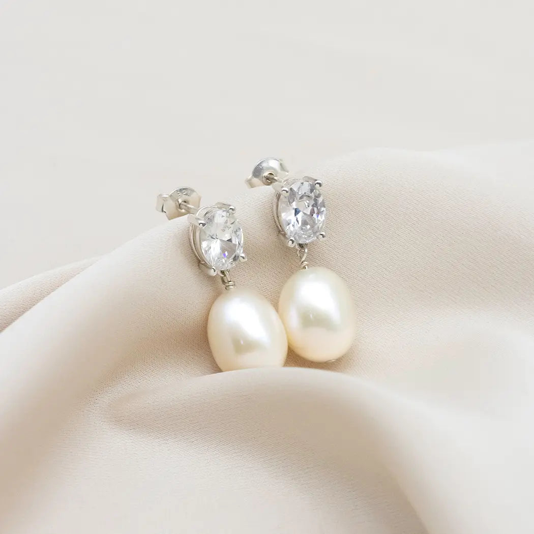 Oval Pearl Crystal Drop Earrings - Phoebe