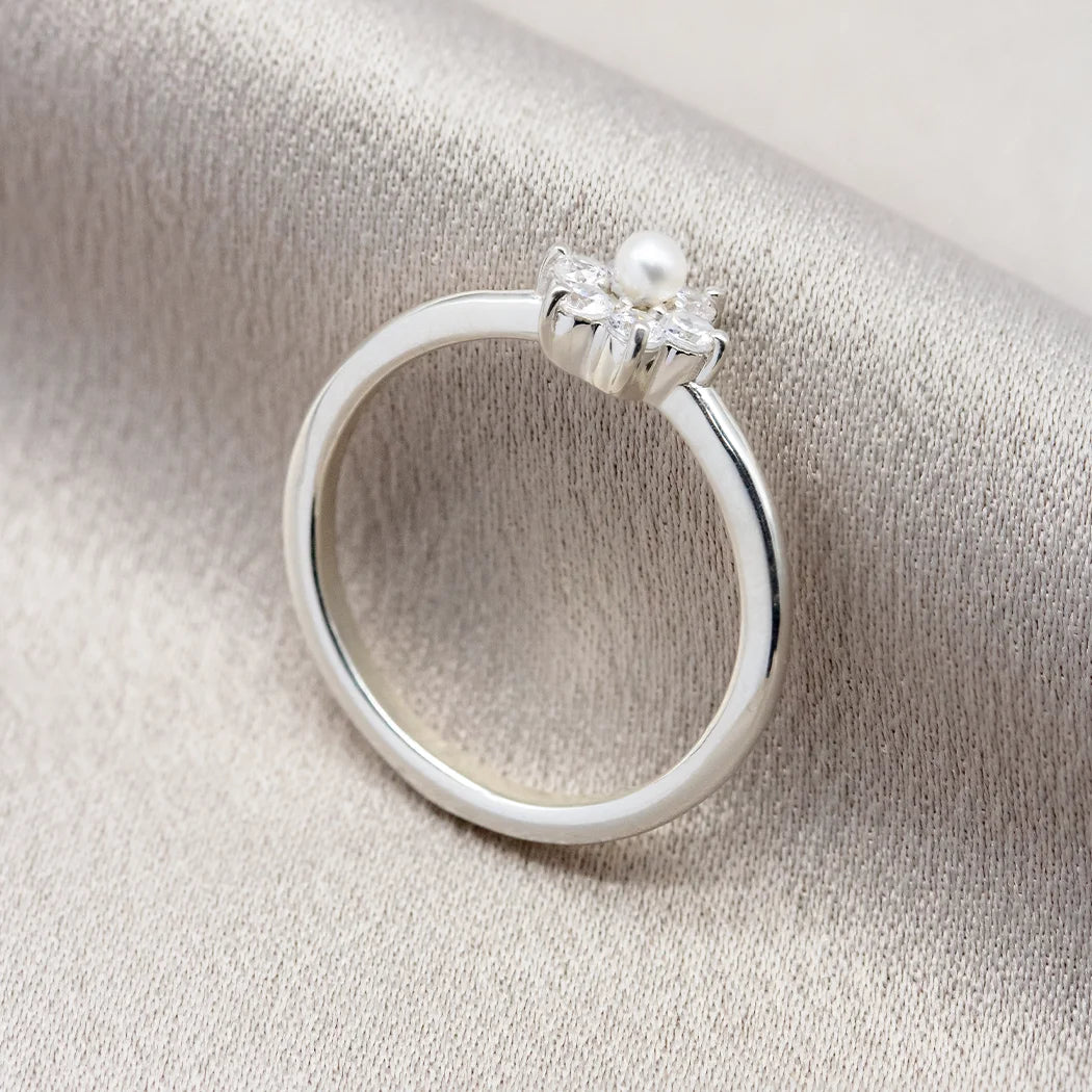 Sterling Silver Small Flower Crystal and Pearl Ring - Daisy