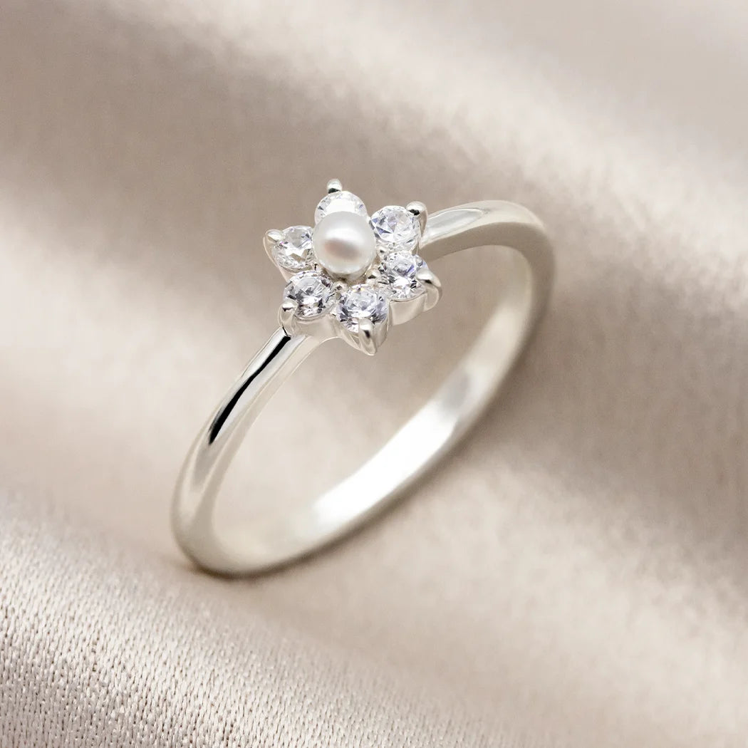 Sterling Silver Small Flower Crystal and Pearl Ring - Daisy