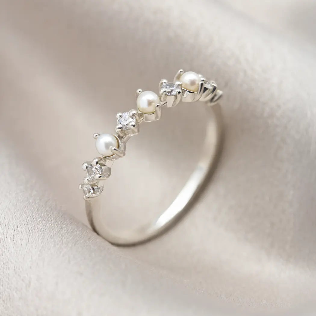 Sterling Silver Pearl and Diamond Eternity Band Ring - Reese