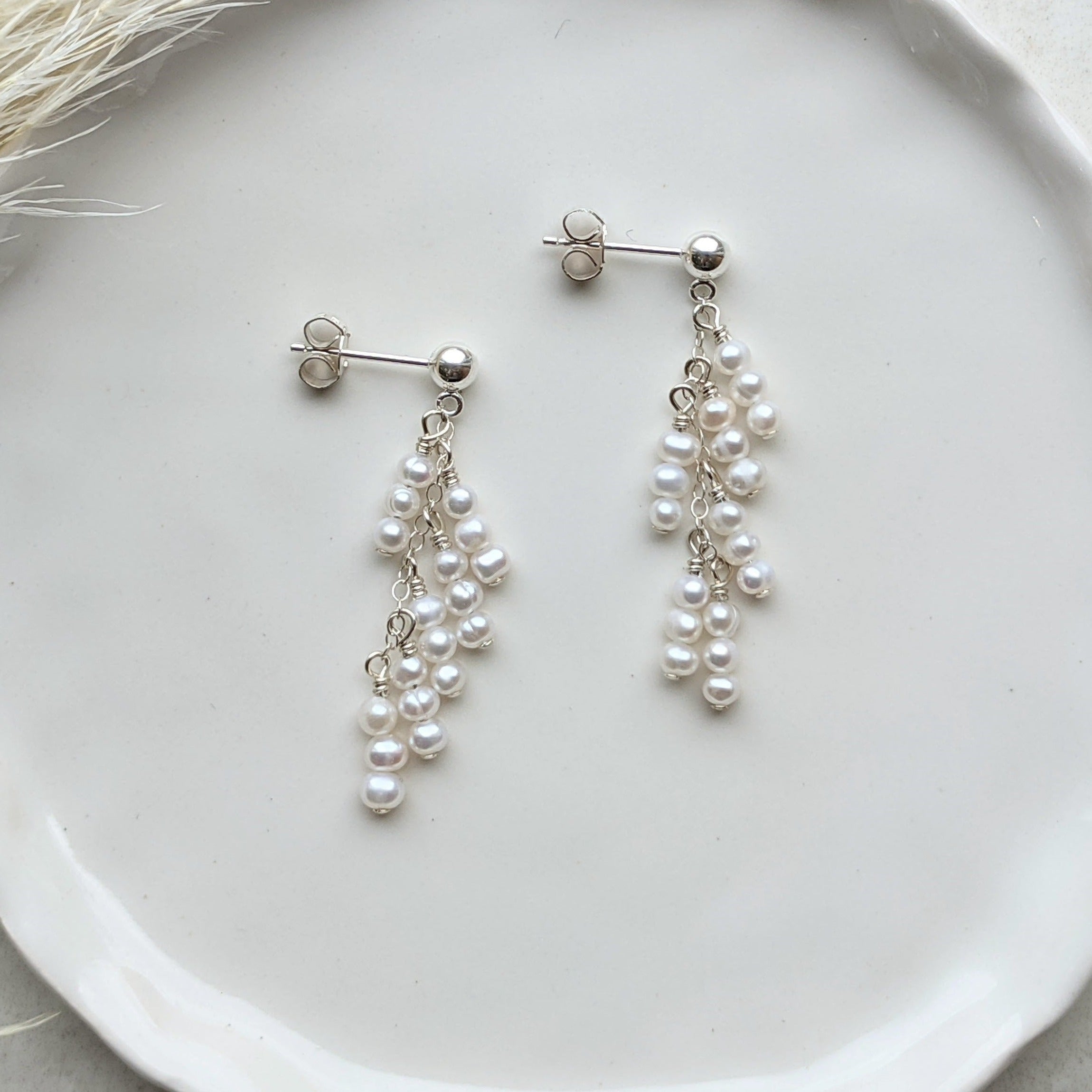 Tiny pearl waterfall drop earrings in sterling silver