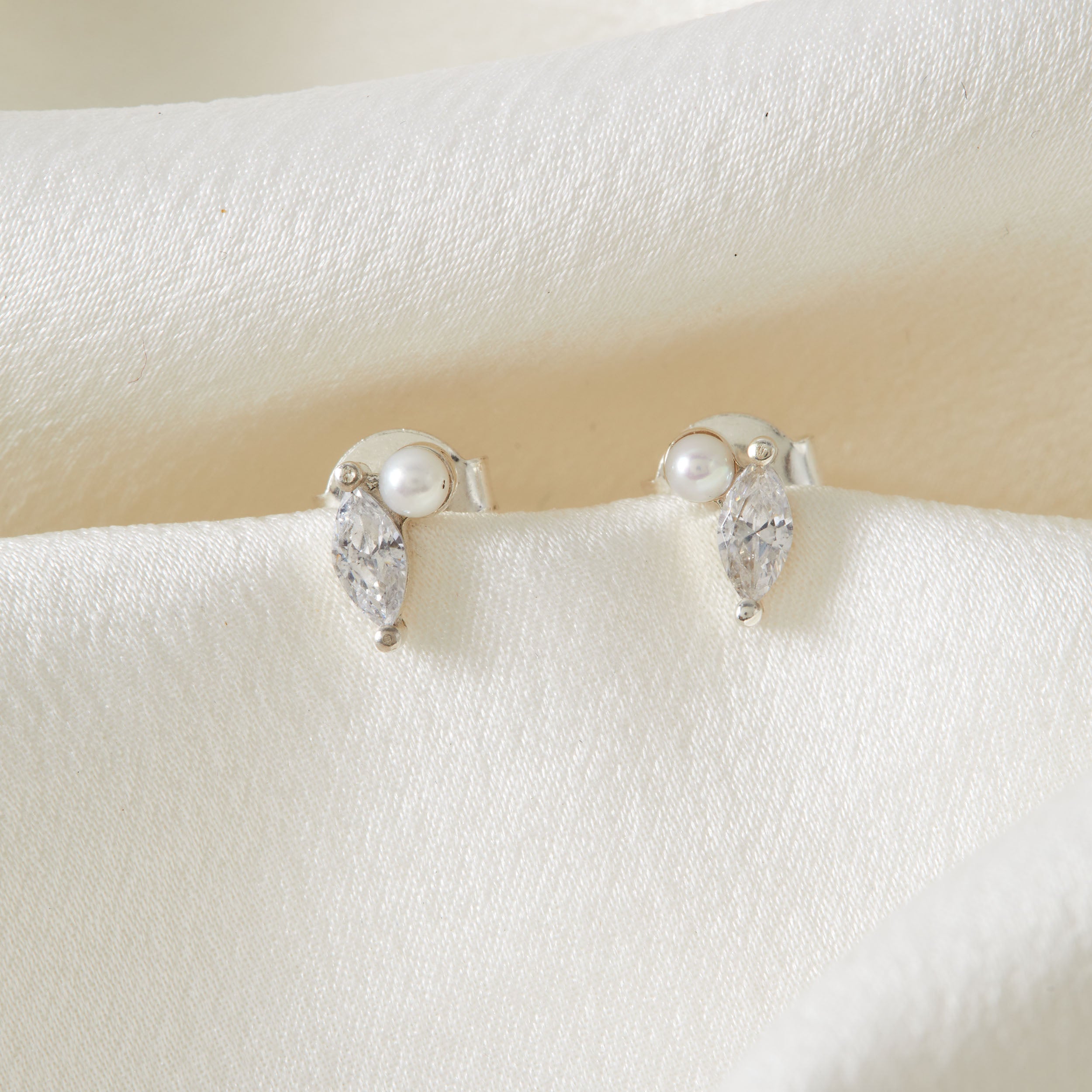 Tiny Crystal Marquise Pearl Stud Earrings - Mira