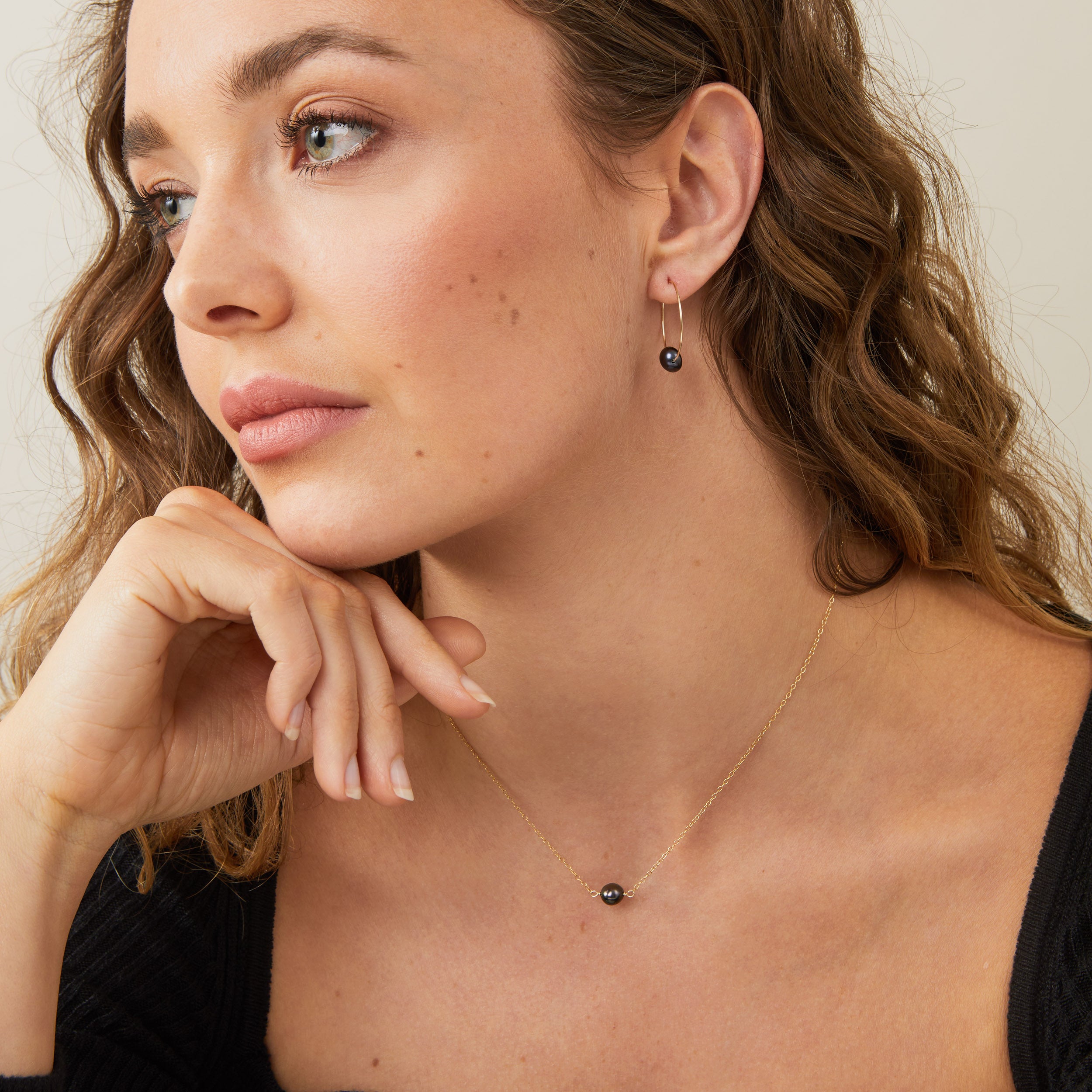 Black Pearl Hoop Earring & Necklace Set - Mia