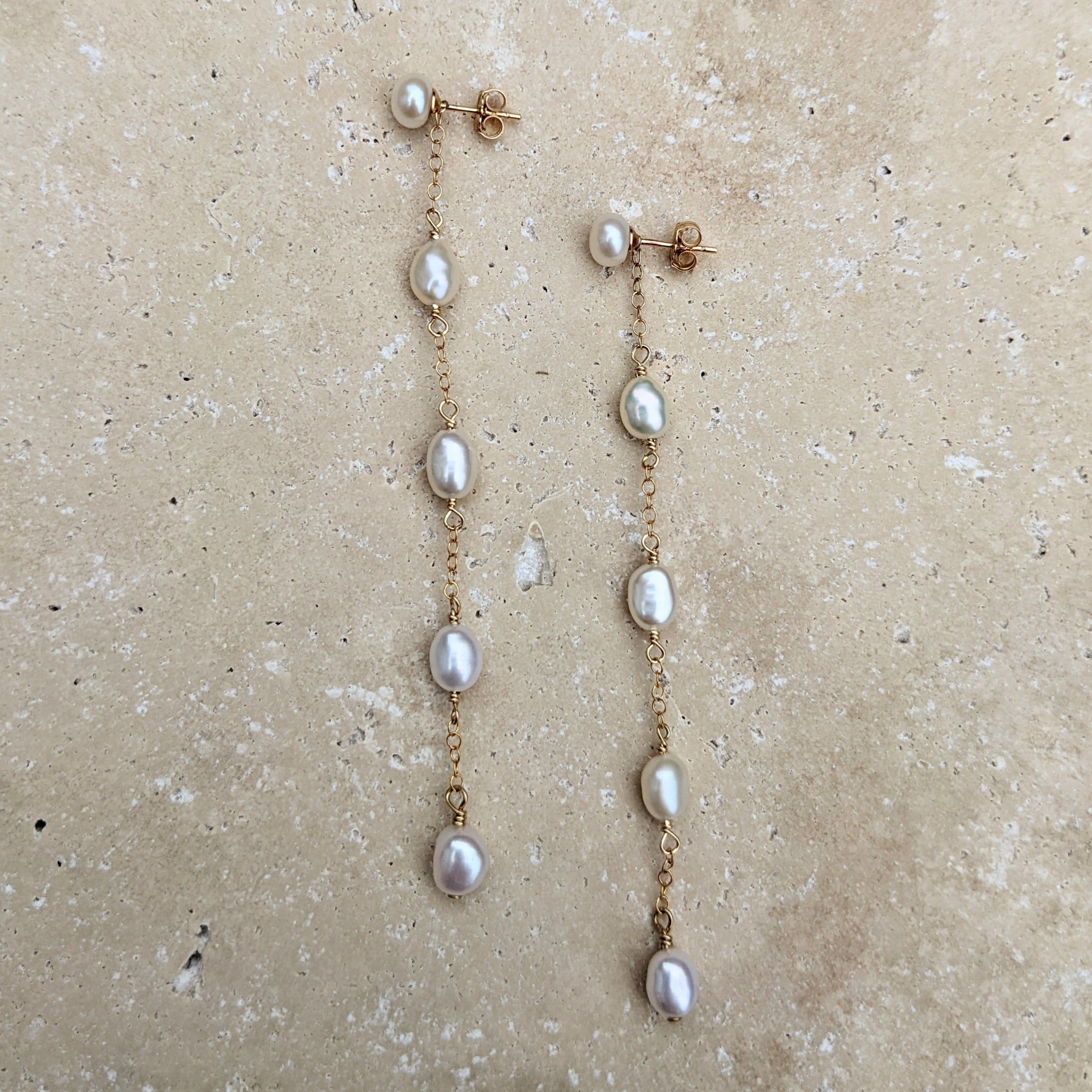Dainty long pearl earrings stud dangle emilie gold