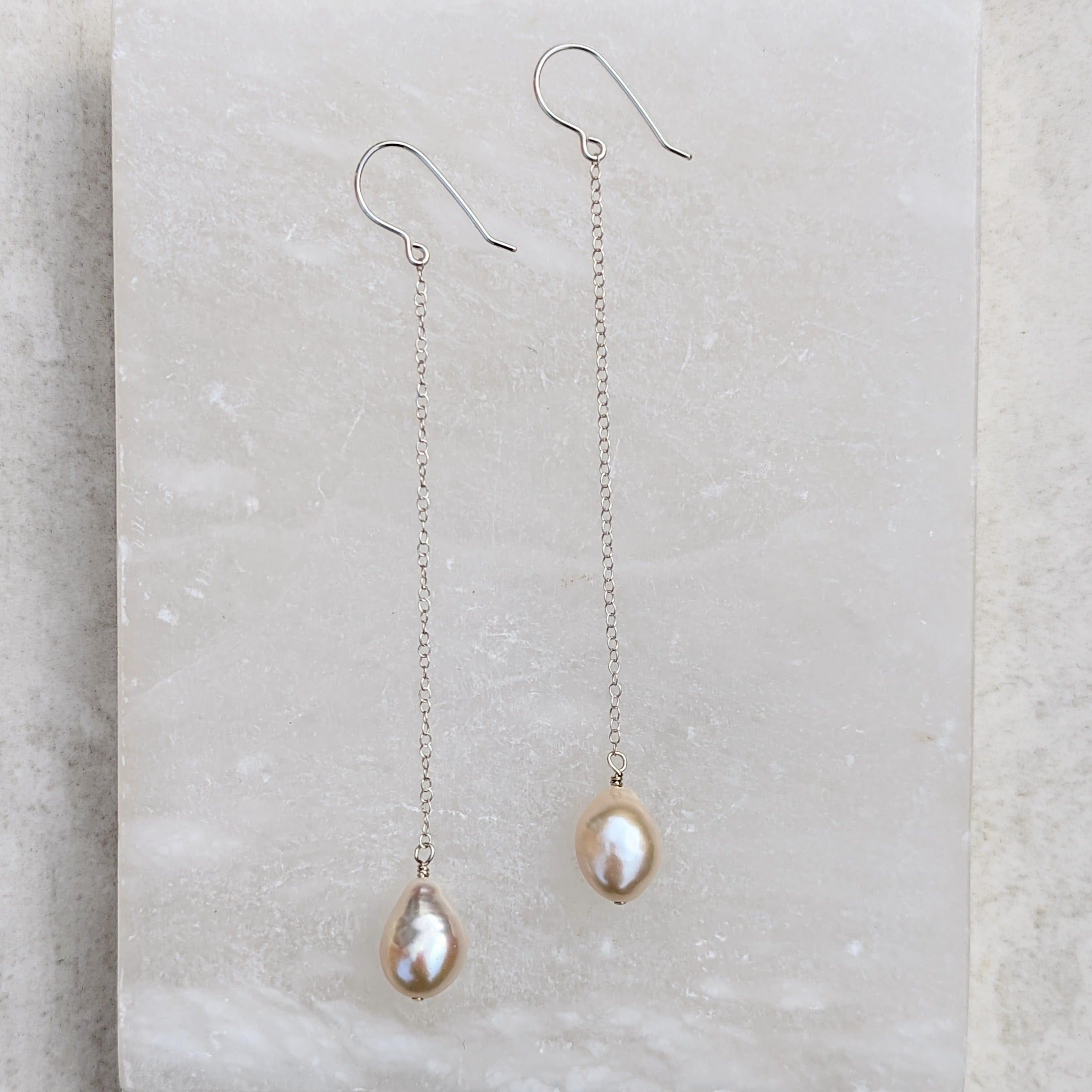 Pair of long chain pearl earring in sterling silver