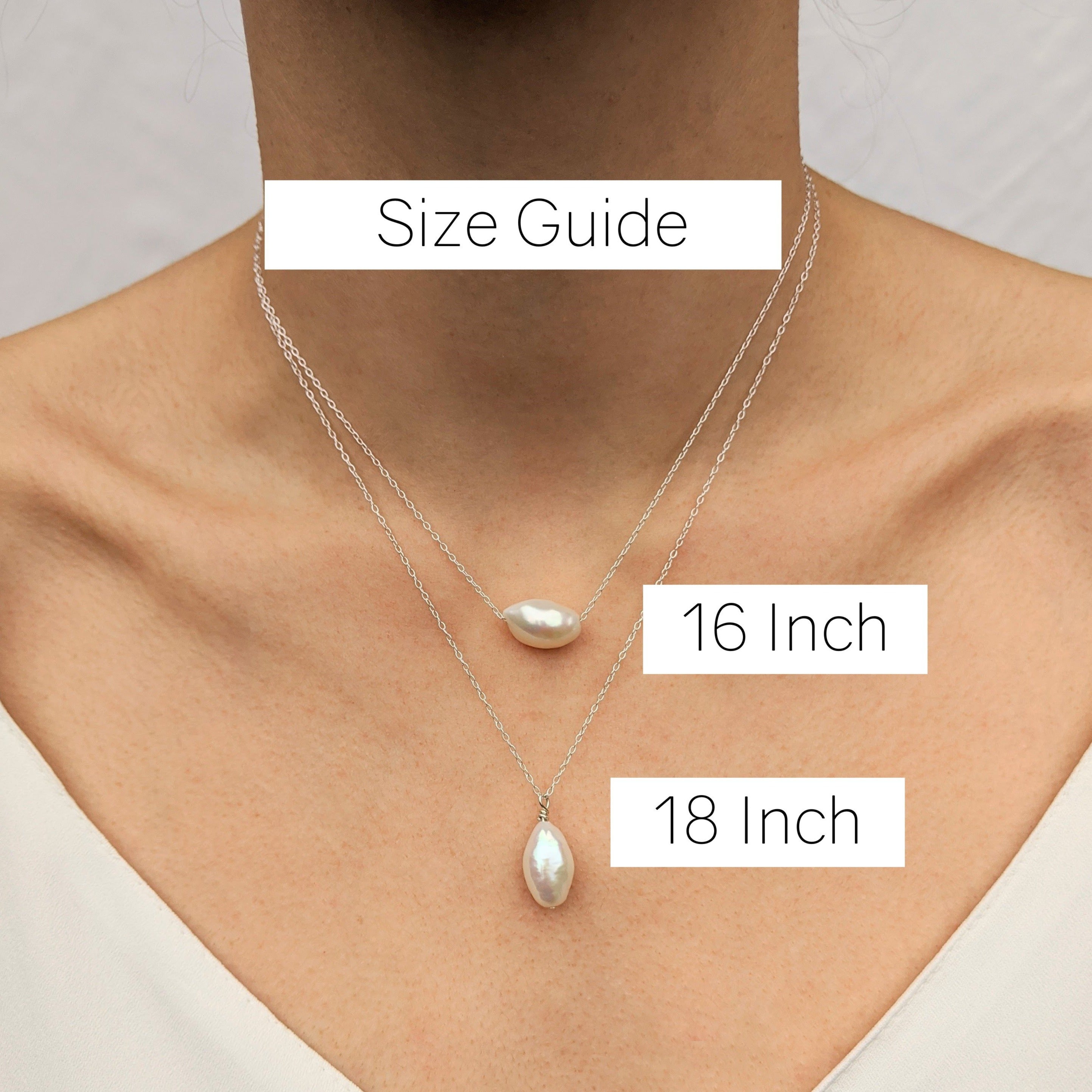 Necklace size guide showing 16 and 18 inch lengths