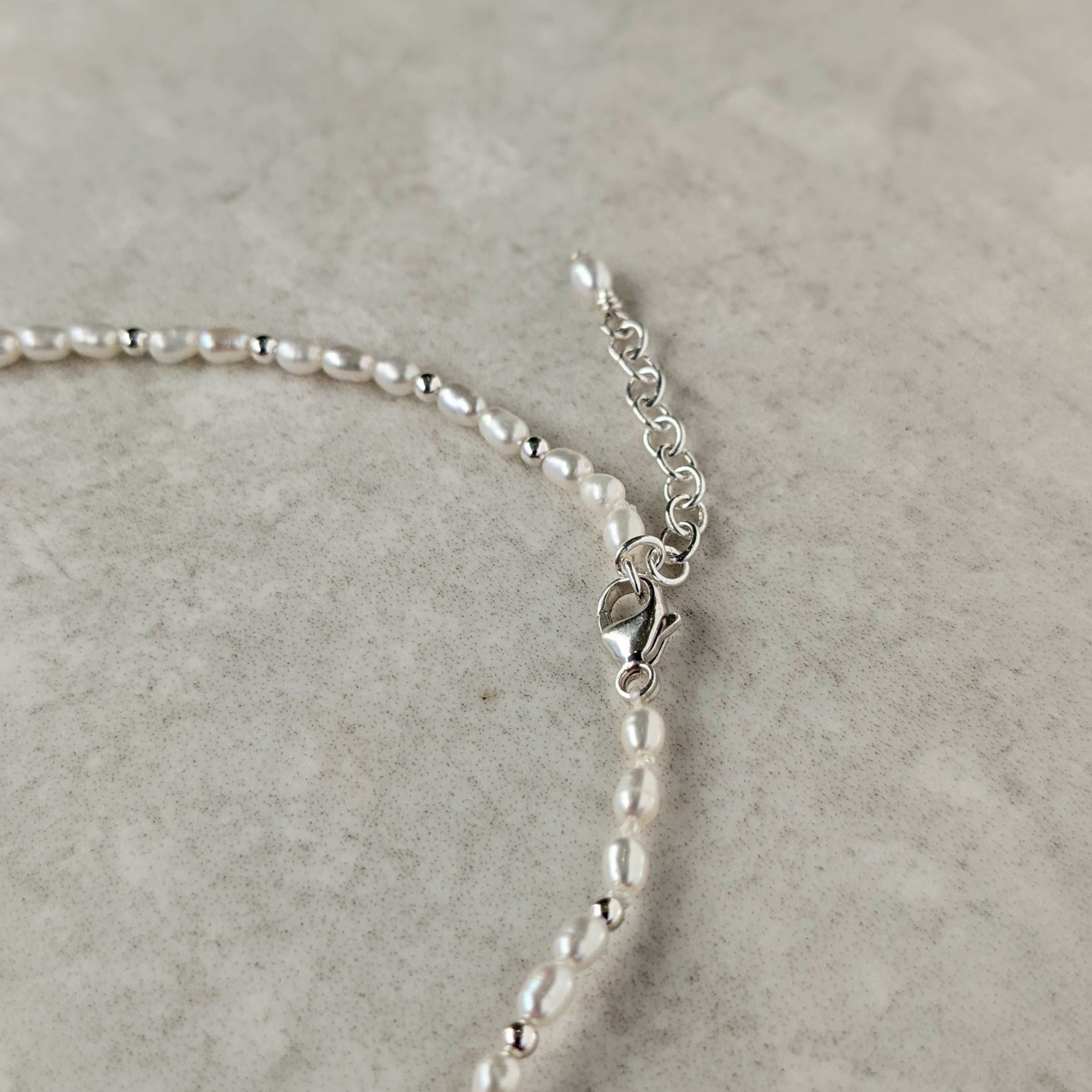 Sterling silver clasp on beaded pearl anklet
