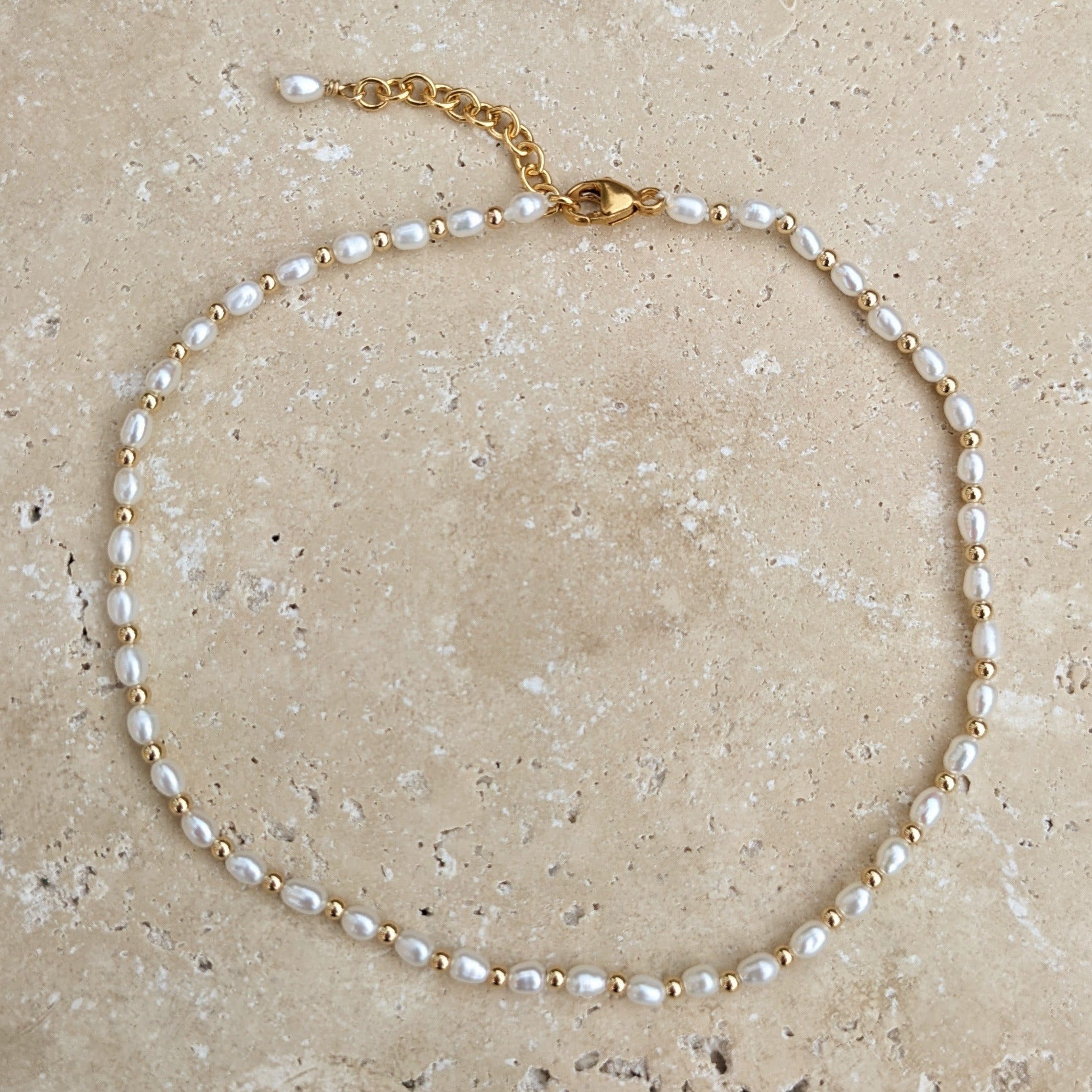 Tiny pearl and bead anklet with gold adjustable clasp