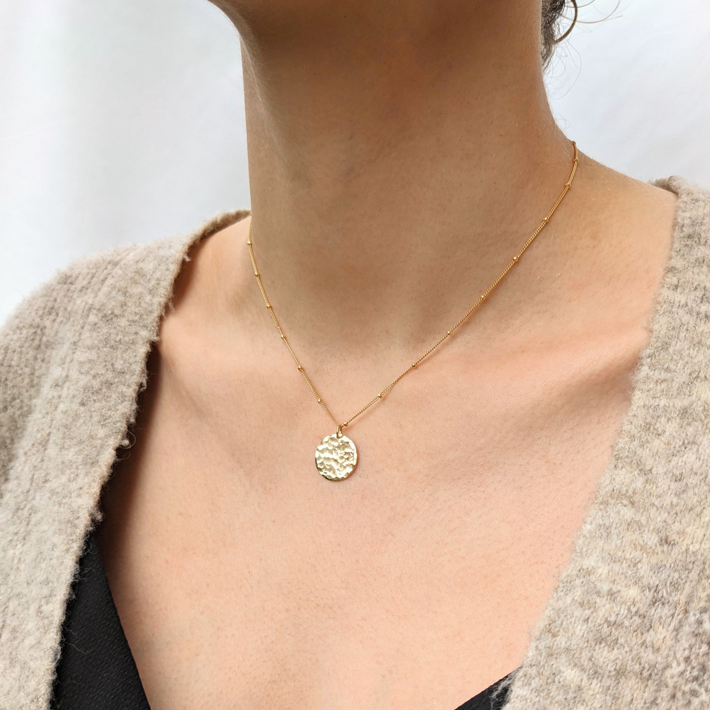 Small gold filled hammered disc pendant necklace 16 inch satellite chain gift