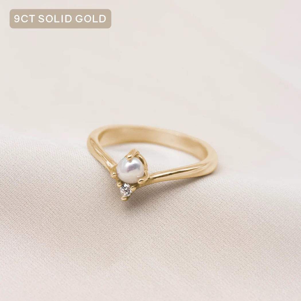 9ct Solid Gold Chevron Pearl Ring - Diamond or Moissanite