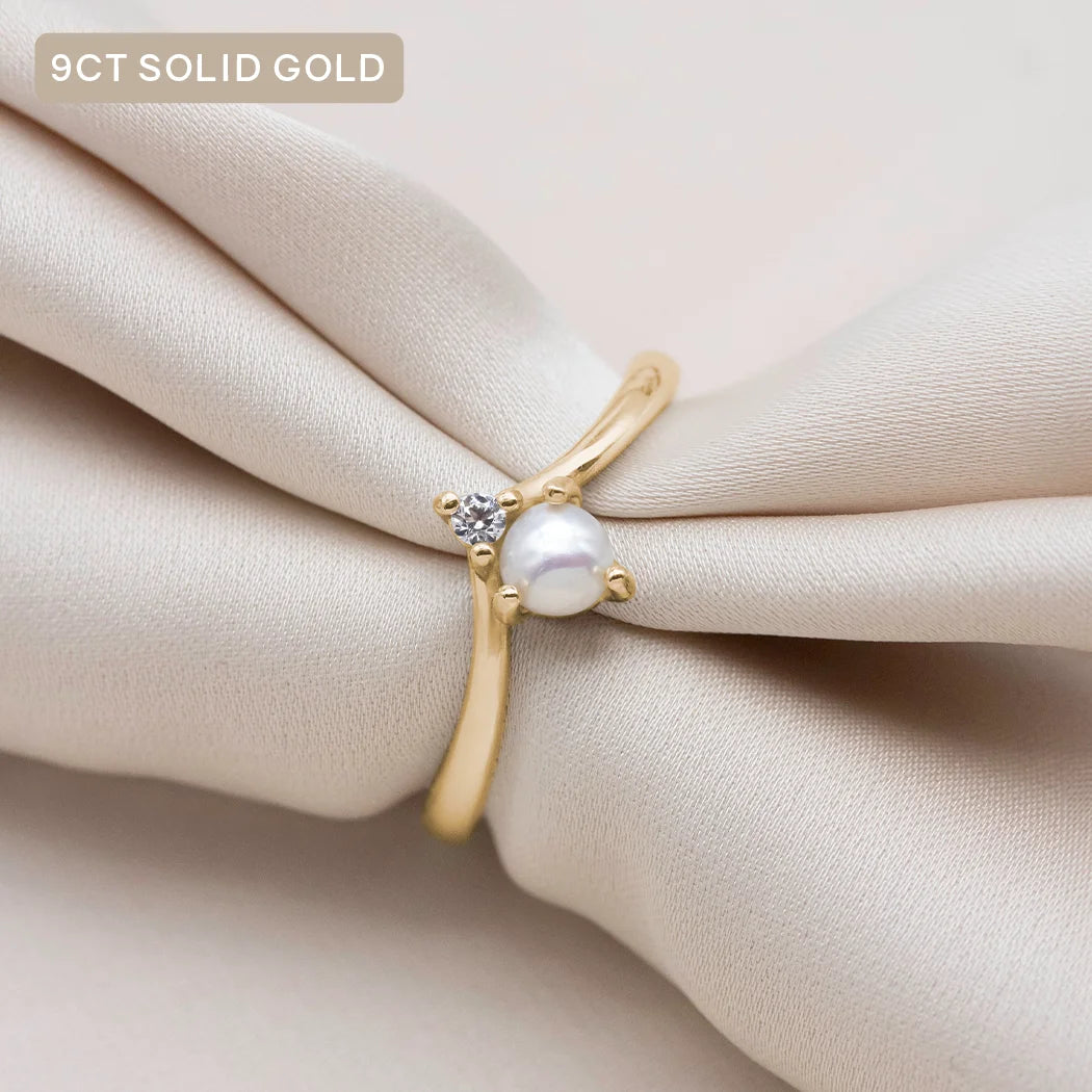 9ct Solid Gold Chevron Pearl Ring - Diamond or Moissanite