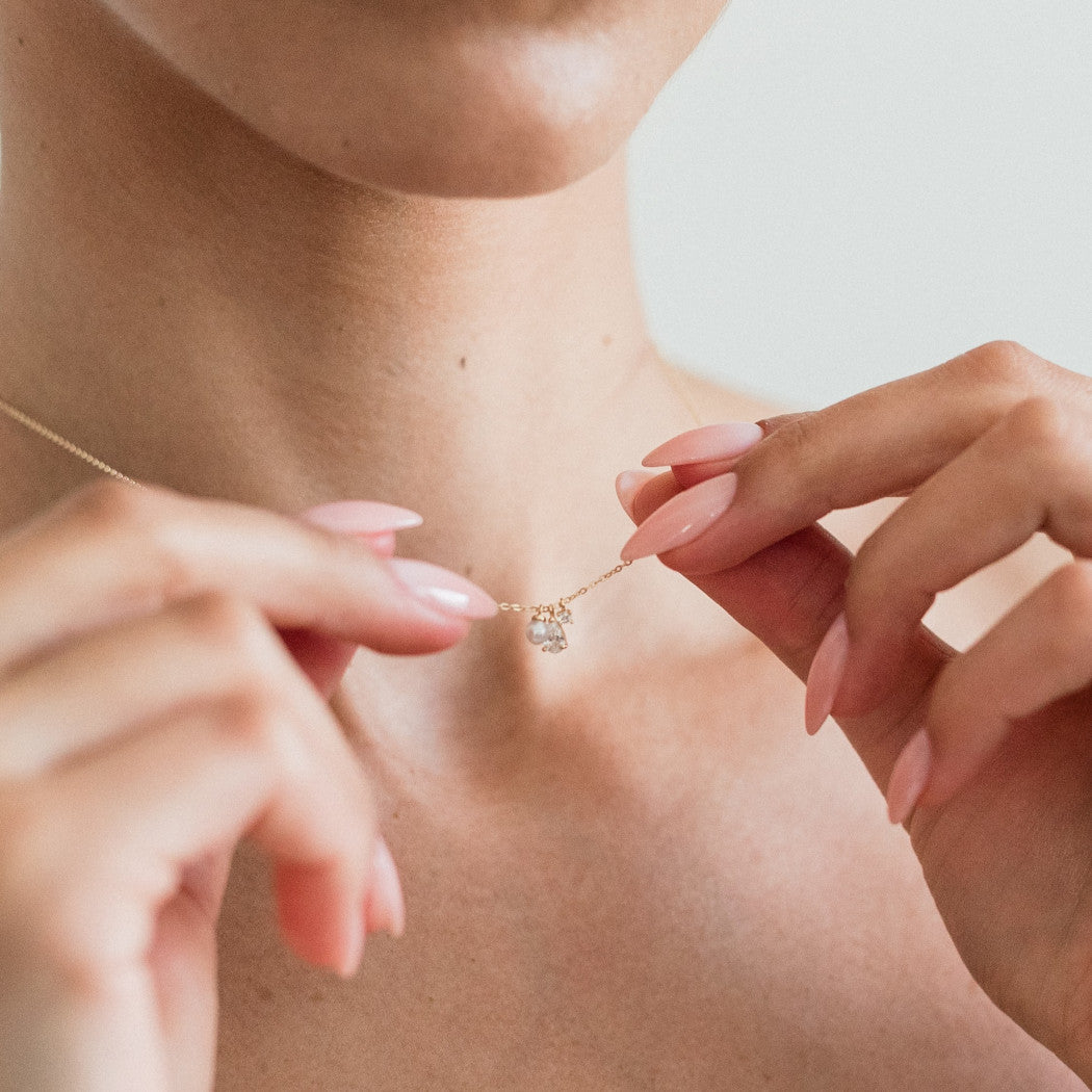 9ct Solid Gold Tiny Pearl Diamanté Charm Cluster Necklace - Aurora