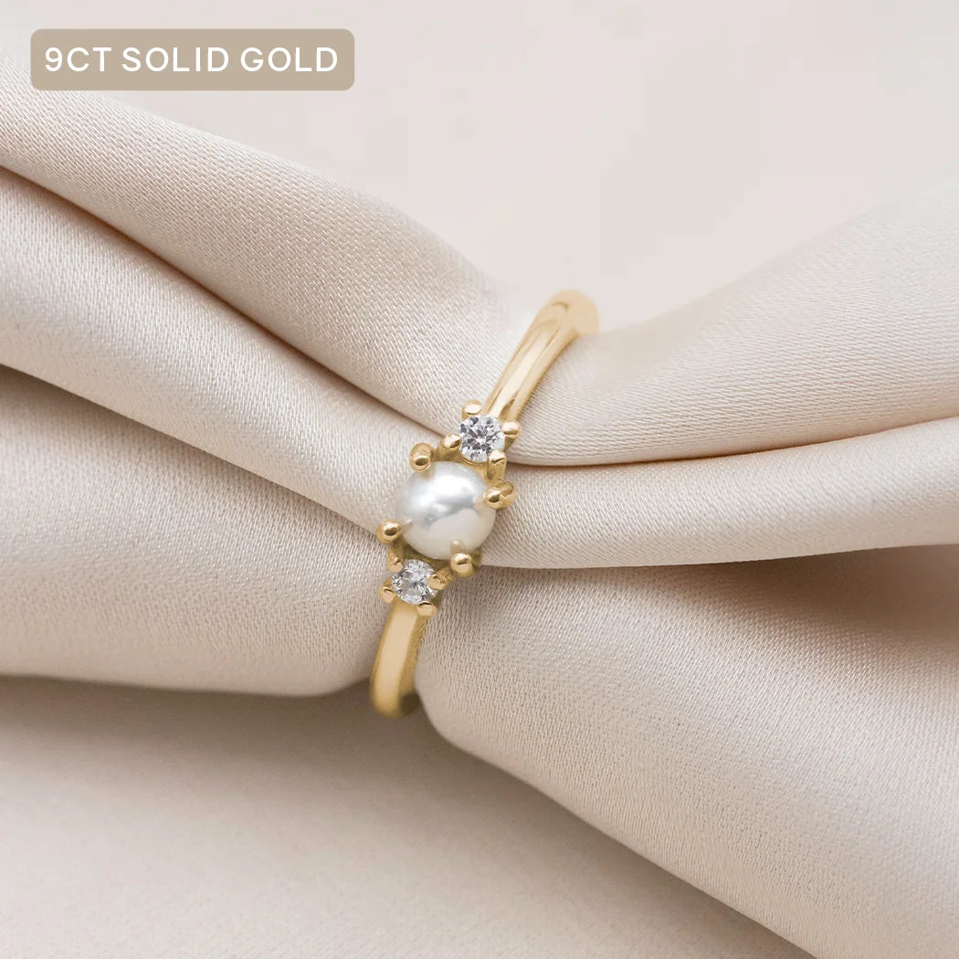 9ct Solid Gold Trilogy Pearl and Ring - Diamond or Moissanite