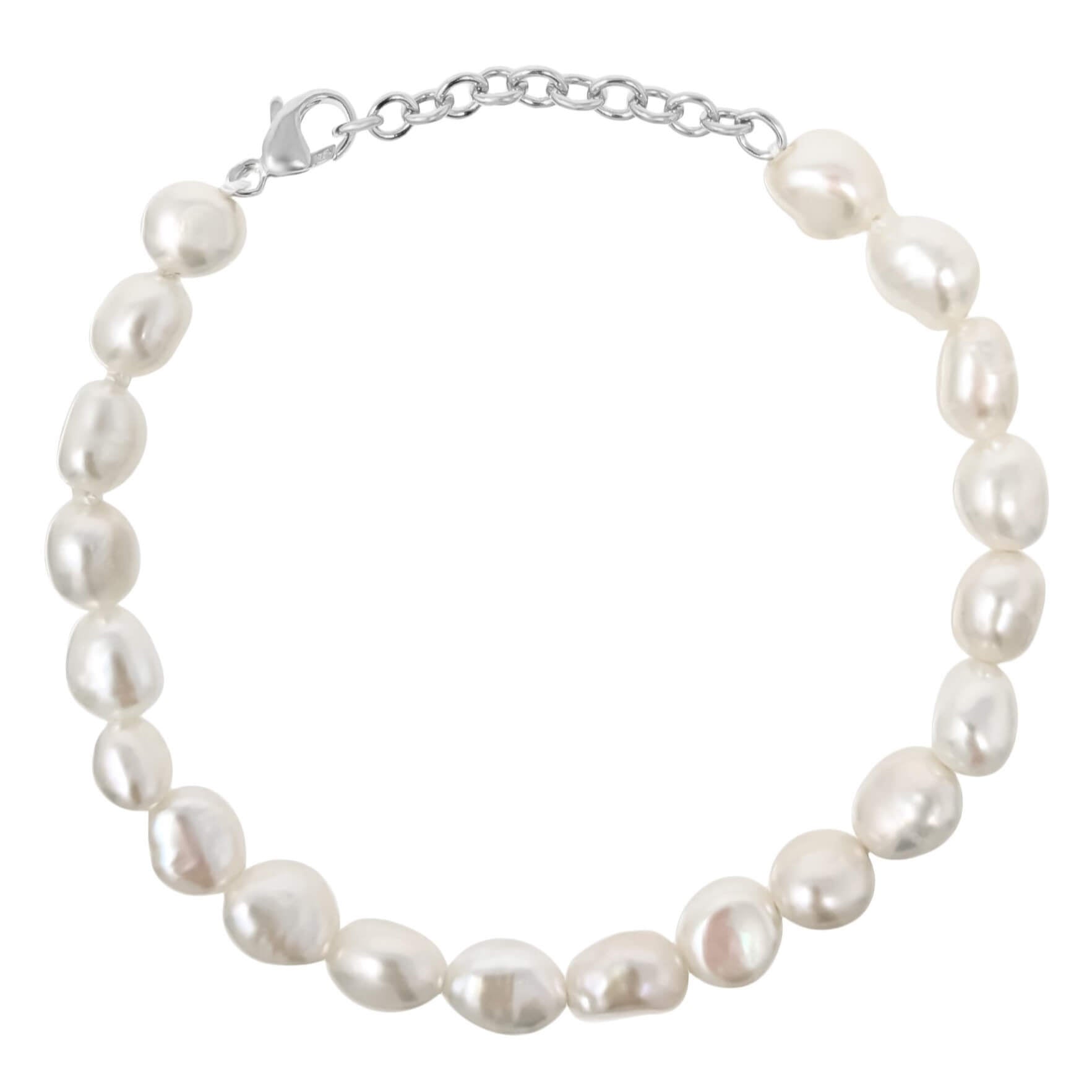 Small baroque pearl adjustable sterling silver bracelet on white background