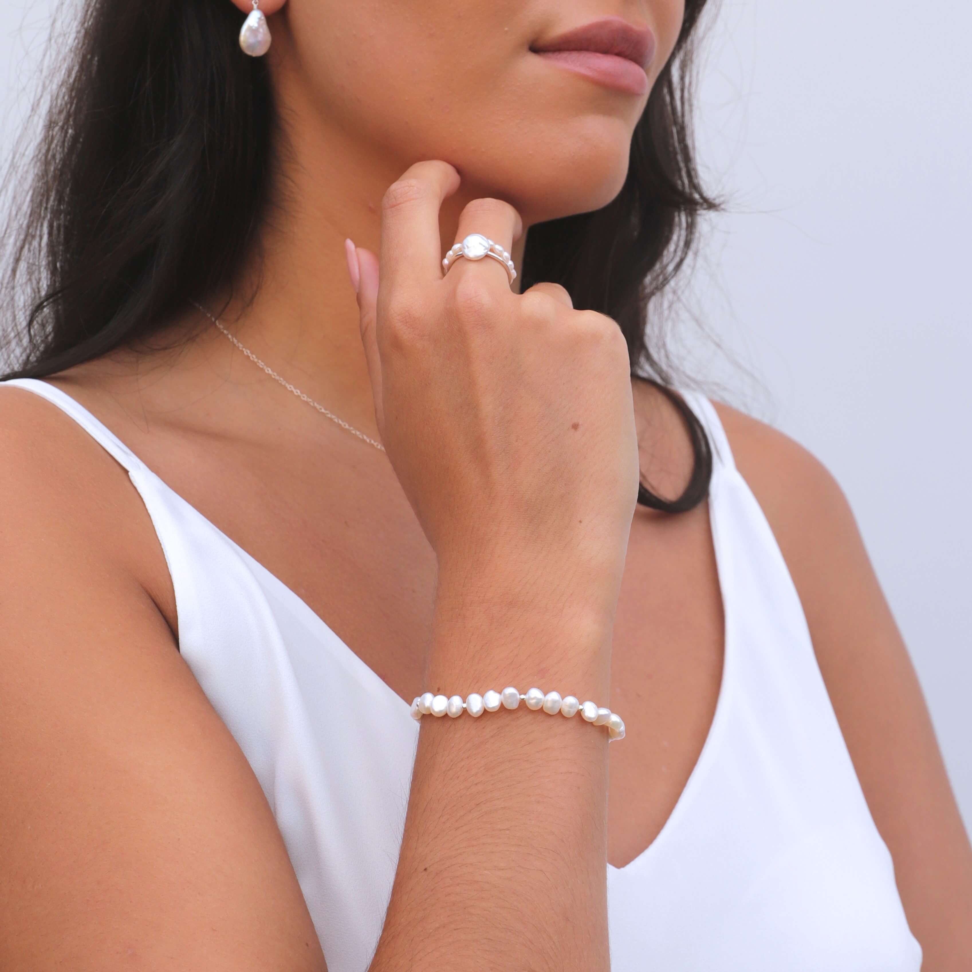 sterling silver pearl bead bracelet on model