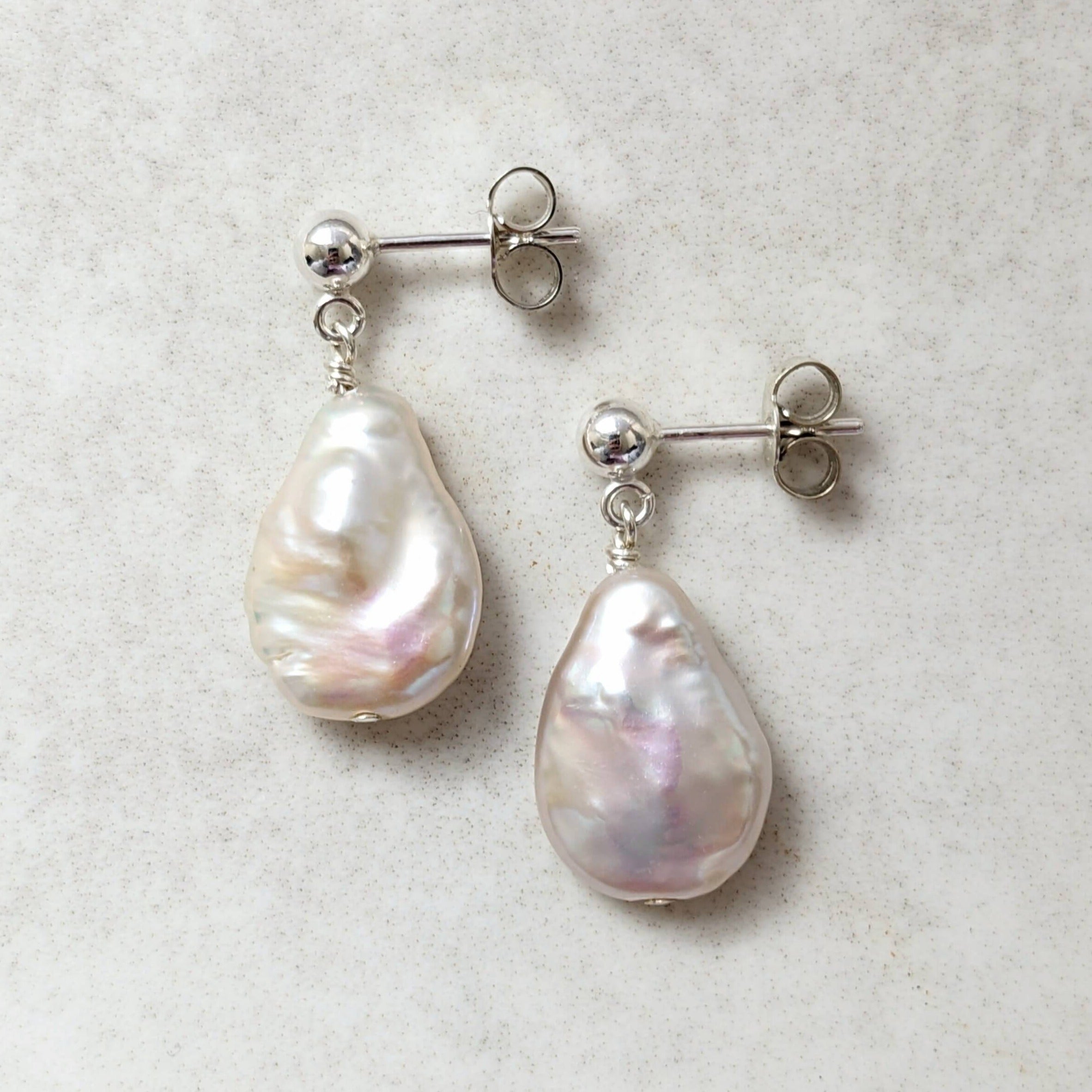 Sterling silver ball stud teardrop shaped pearl earrings