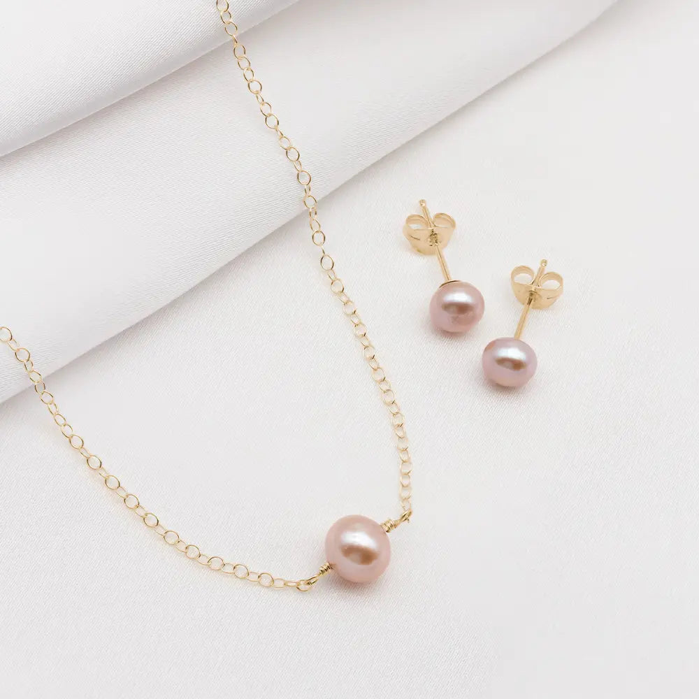 Stud Earrings and Necklace Set with Pink Pearls