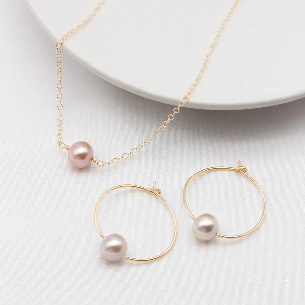 Pink Pearl Hoop Earrings and Necklace Set