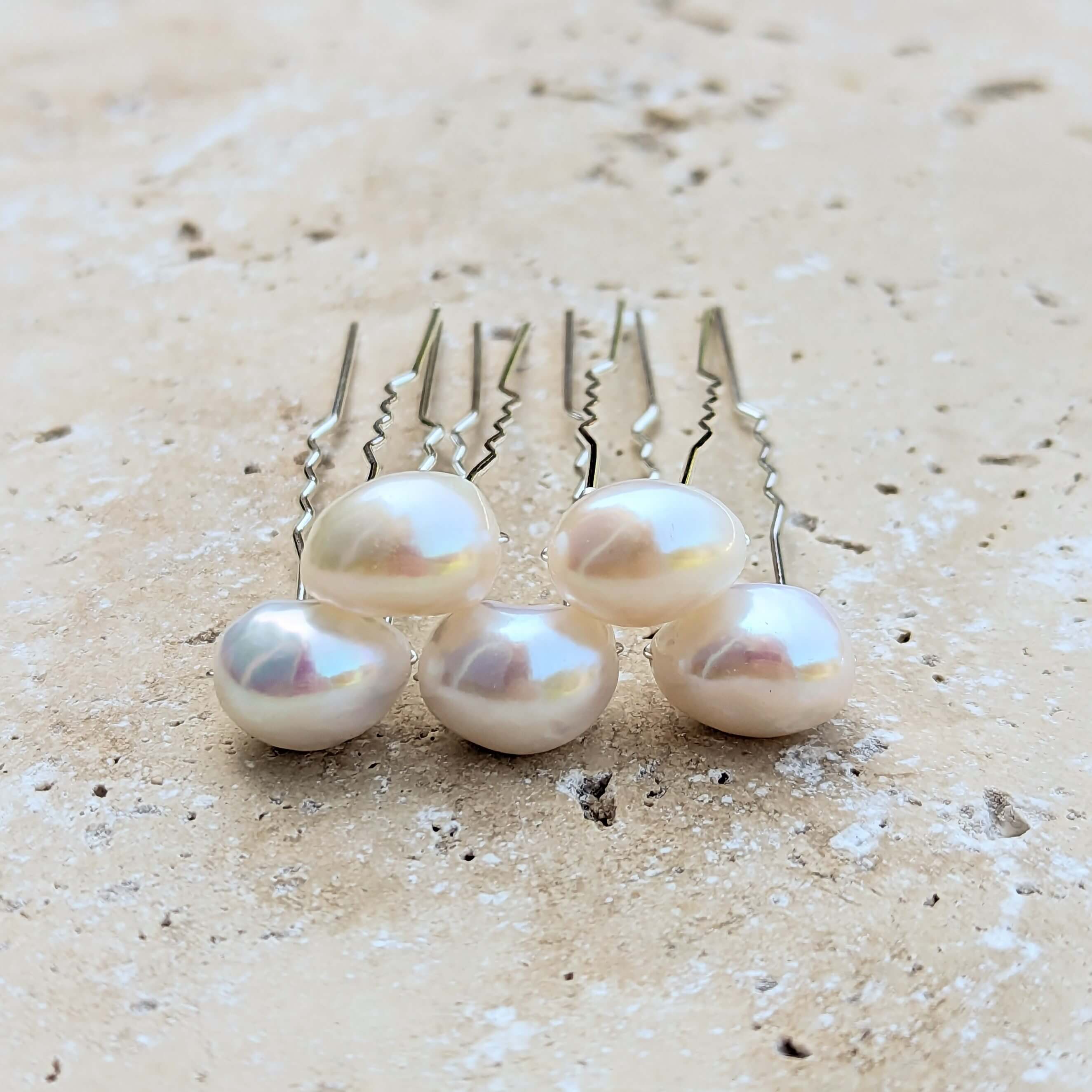 5 large real pearls on silver hair pins