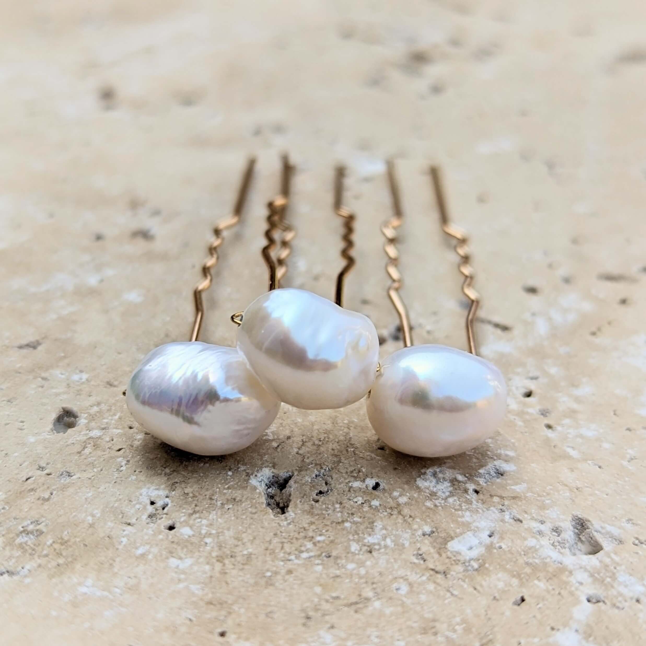Three organic shaped real pearl hair pins