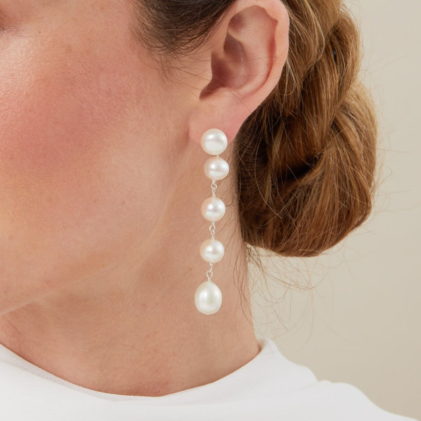 Long Round Pearl Waterfall Drop Earrings - Meri
