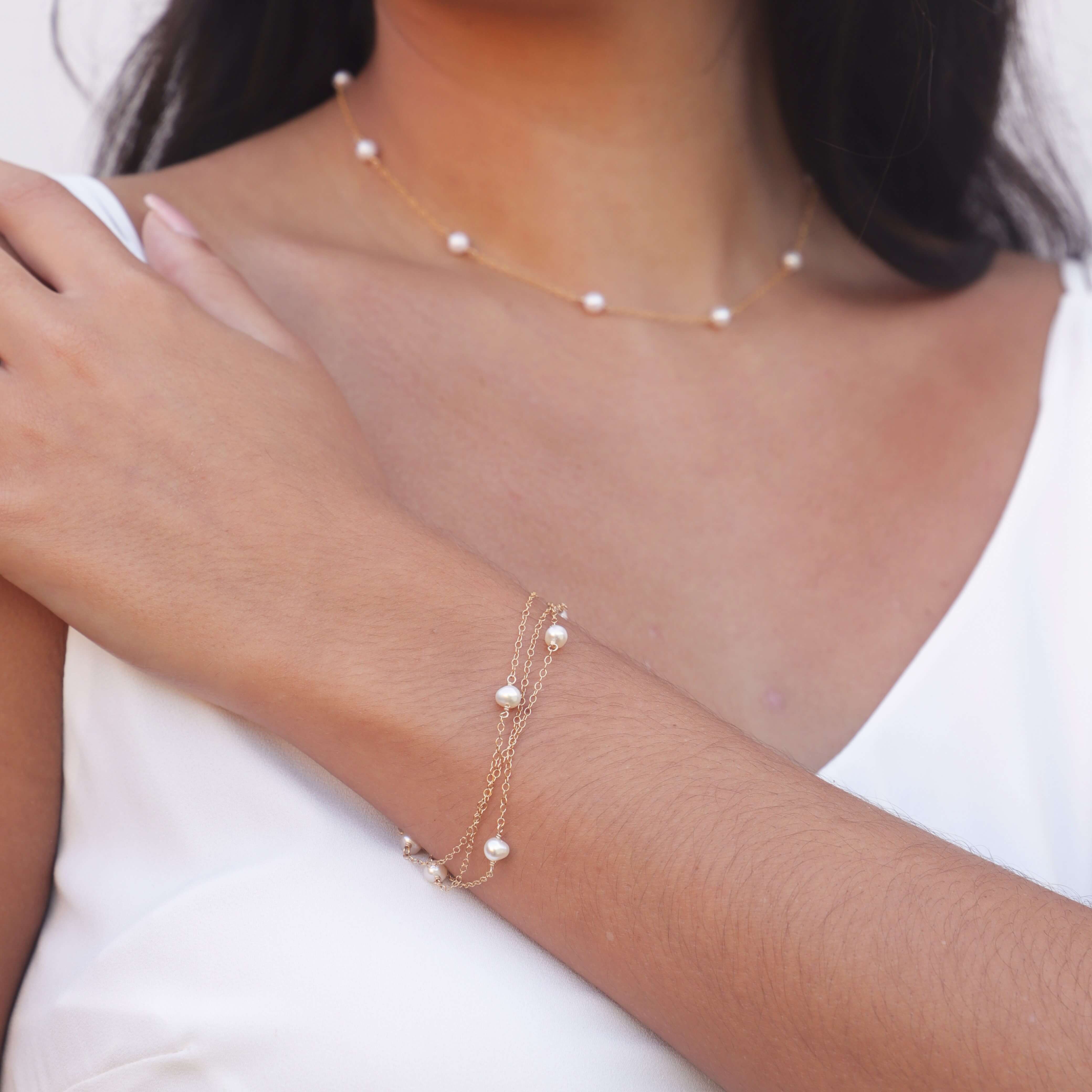 pearl and chain bracelet in gold filled on model