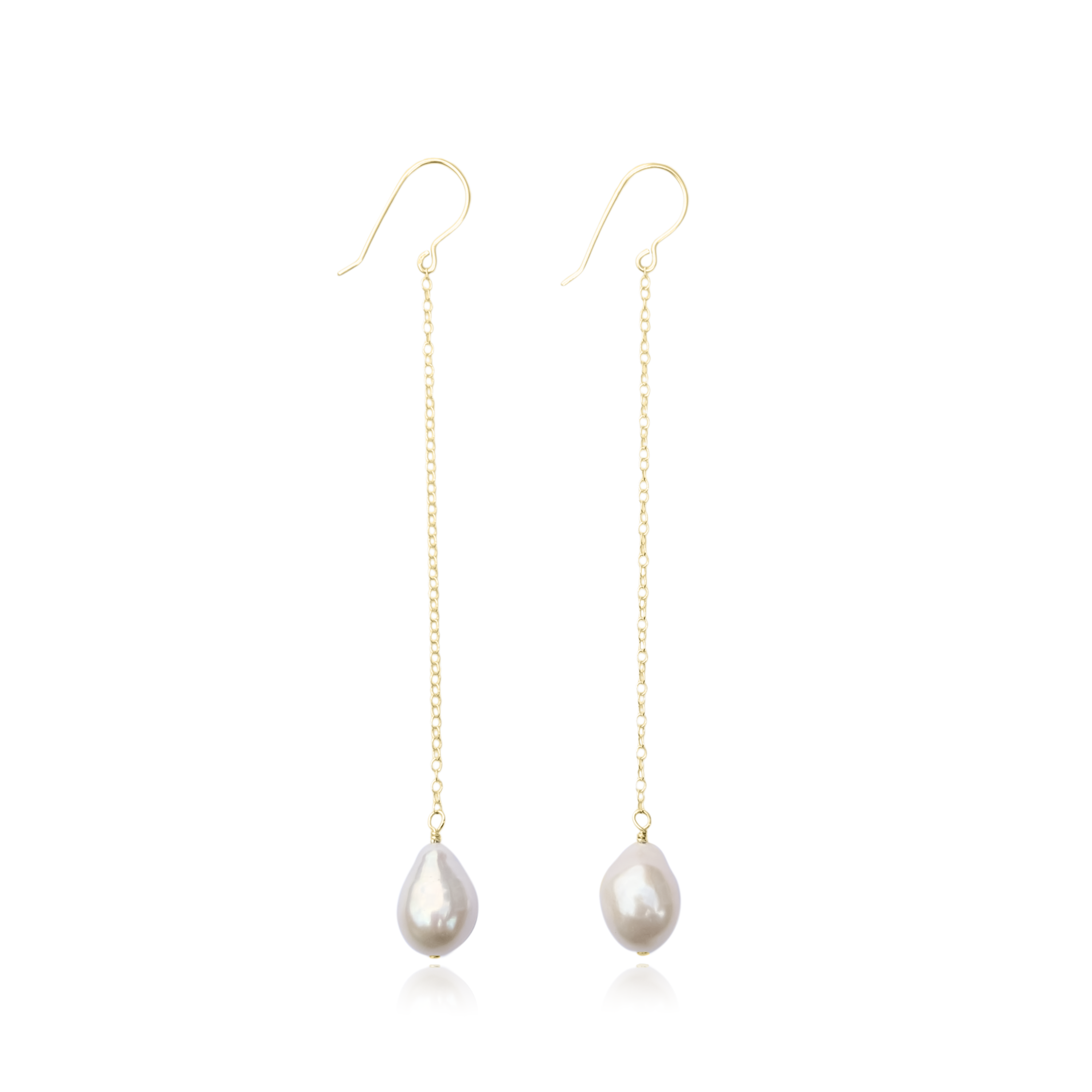 long pearl chain earrings in gold filled on white background