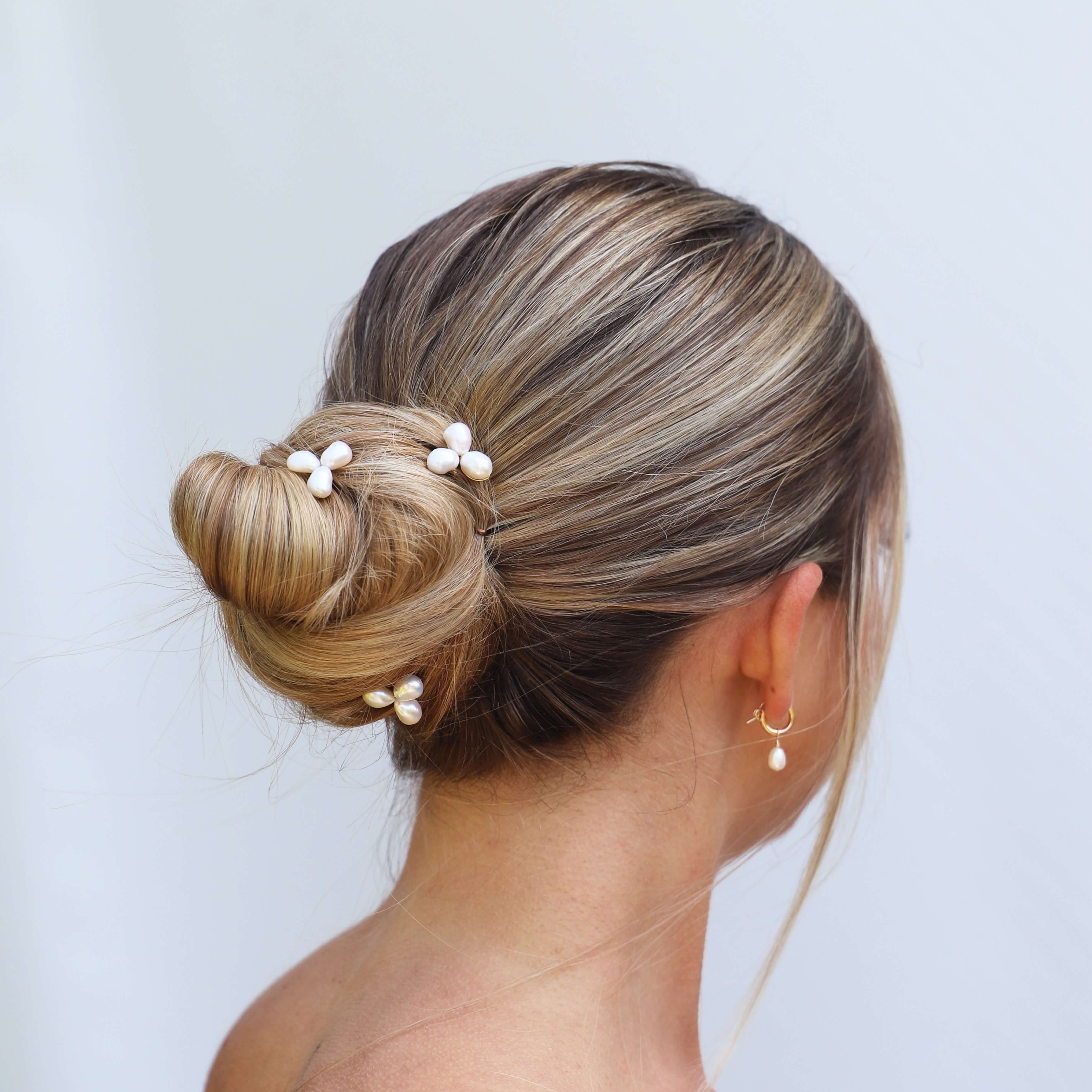 medium pearl cluster hair pins in hair on model hair up