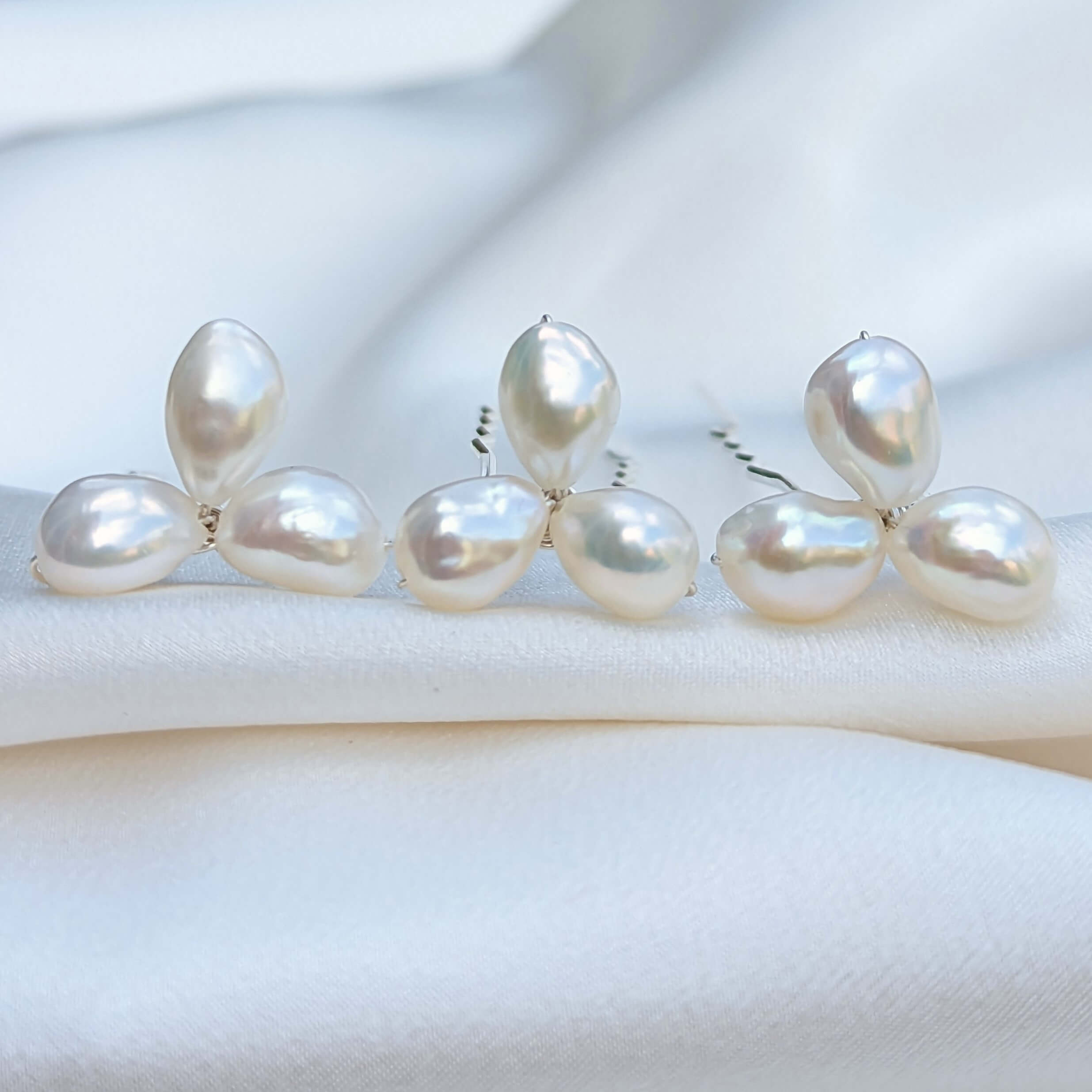 set of three medium freshwater pearl hair pins in silver